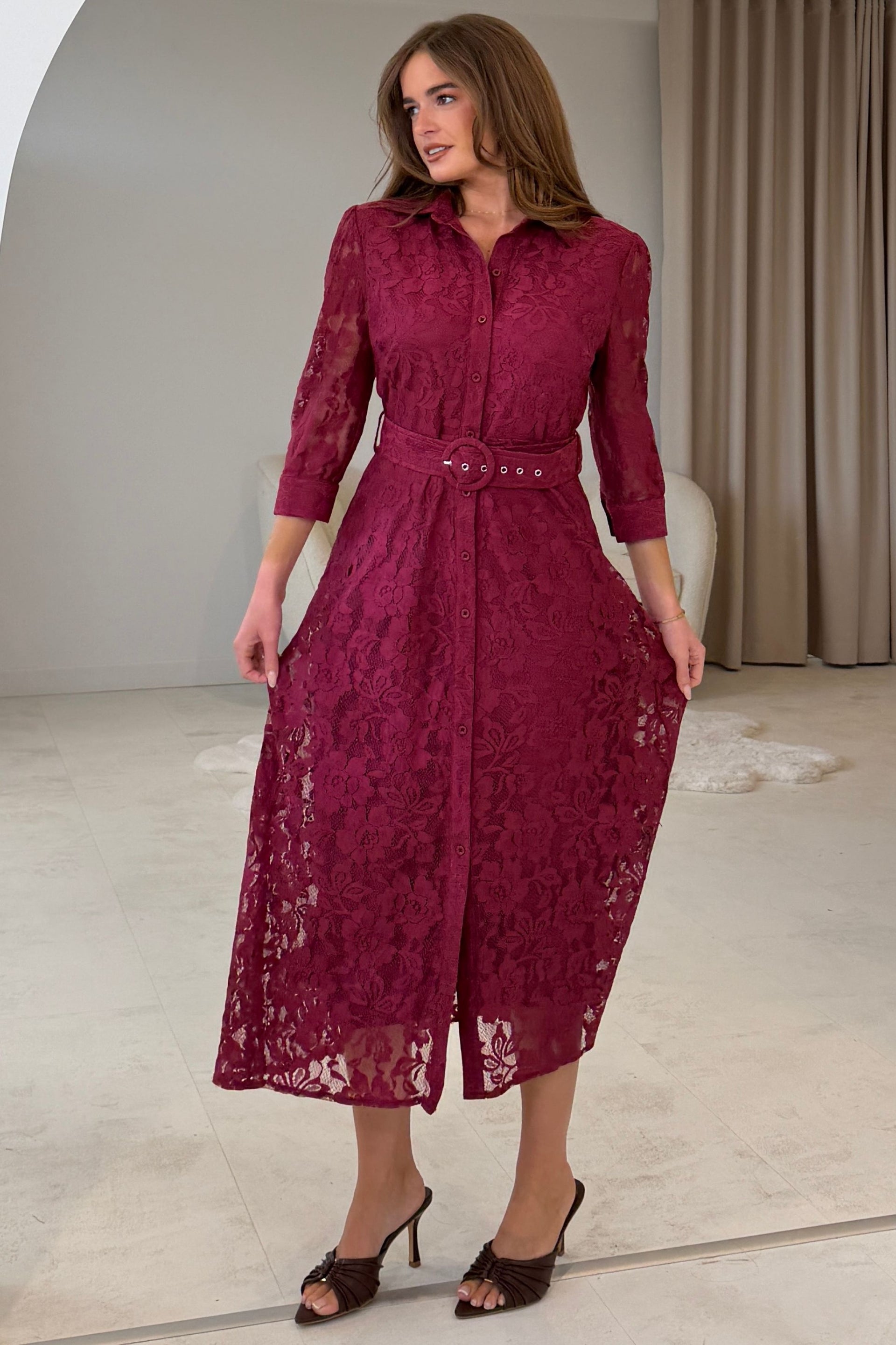 Tansy 3/4 Sleeve Lace Shirt Dress Wine