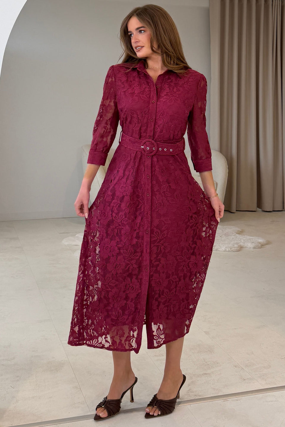 Tansy 3/4 Sleeve Lace Shirt Dress Wine