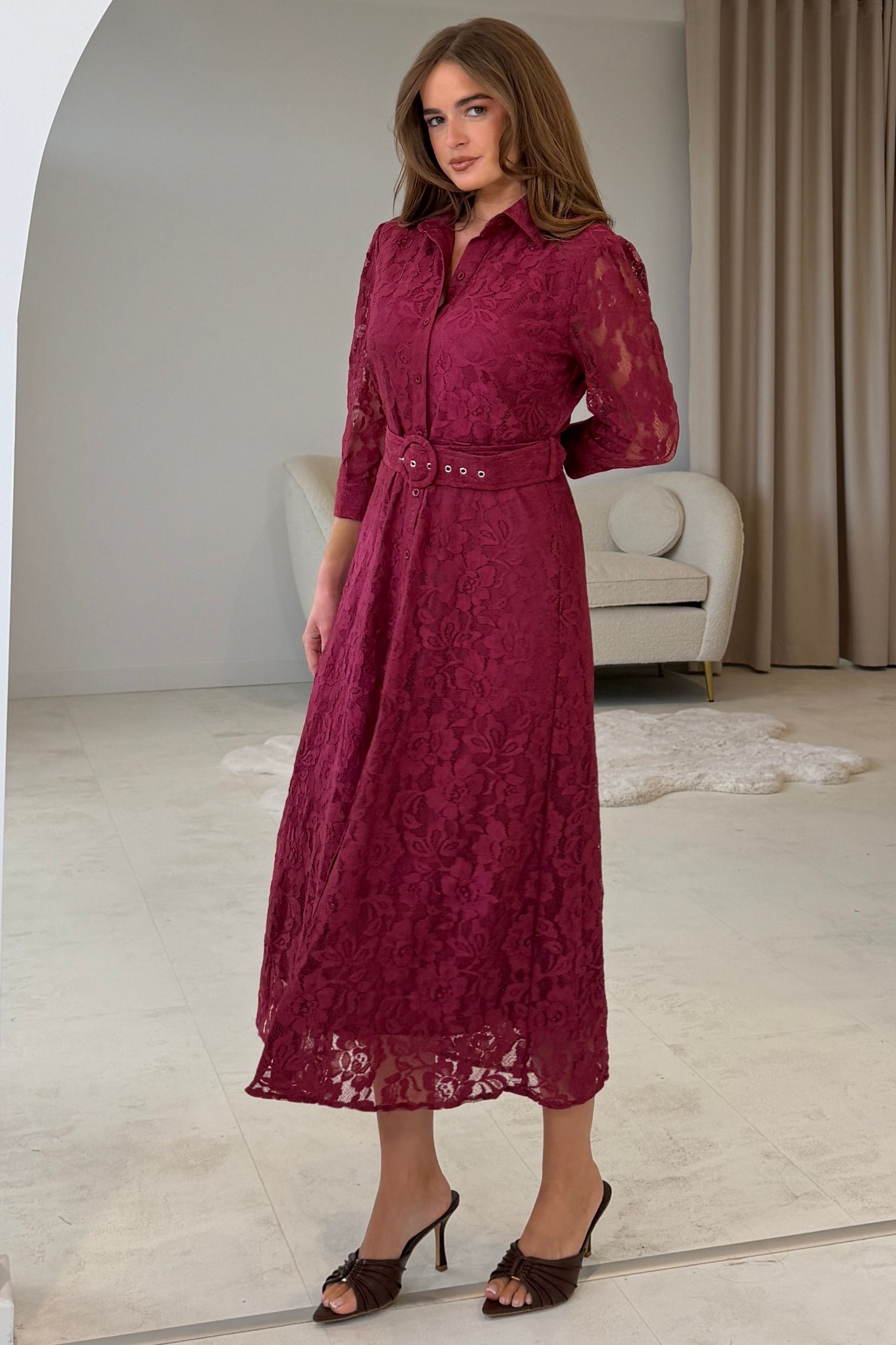 Tansy 3/4 Sleeve Lace Shirt Dress Wine