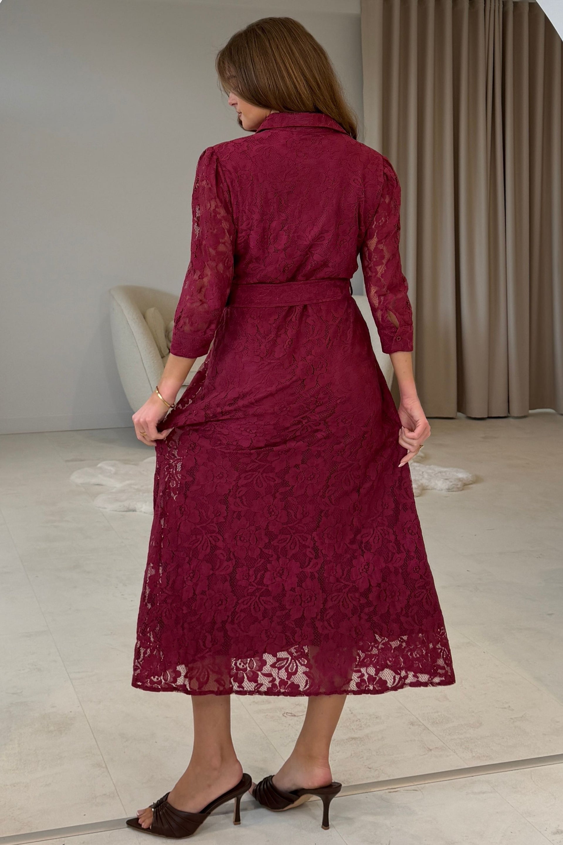 Tansy 3/4 Sleeve Lace Shirt Dress Wine
