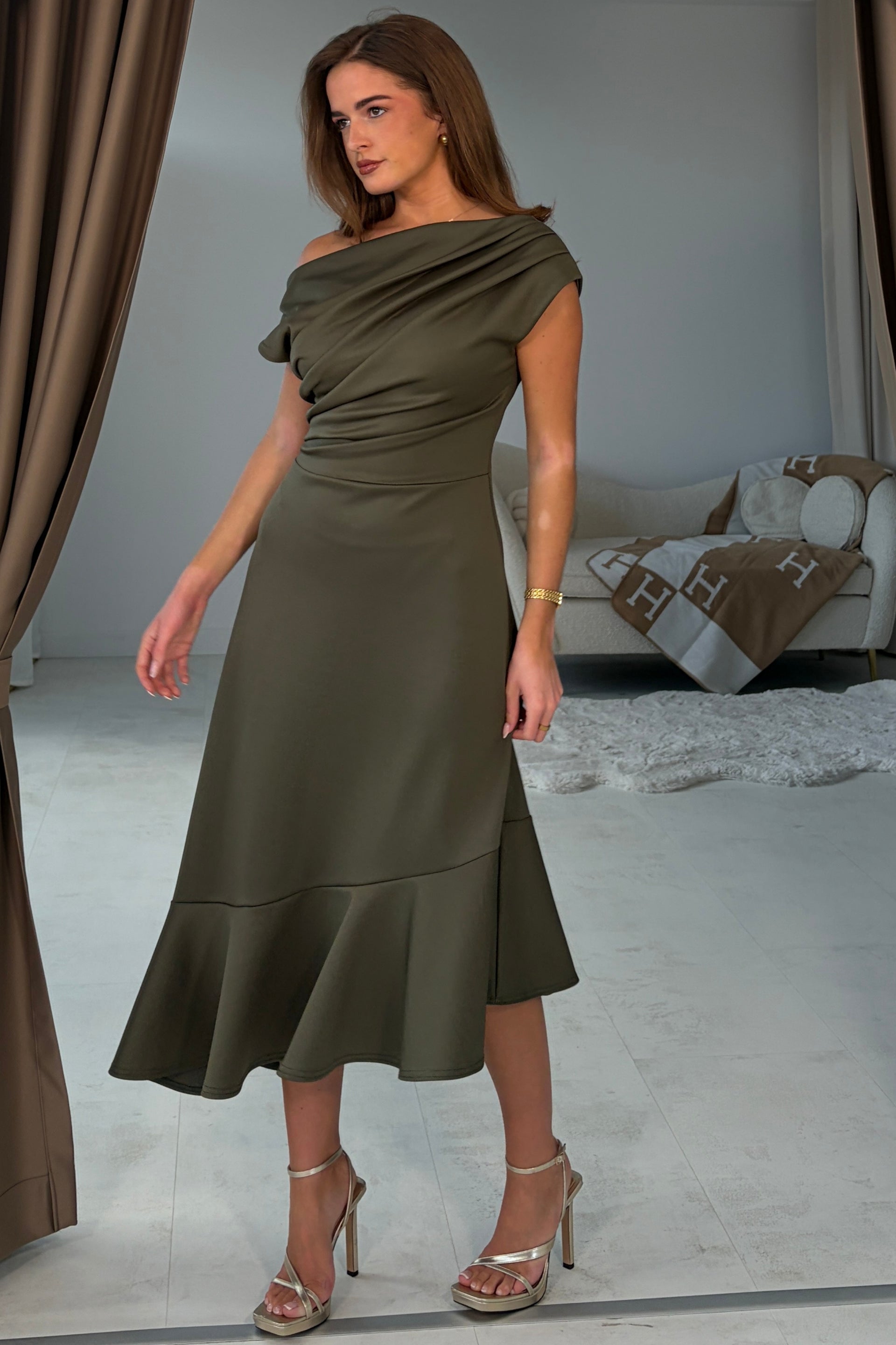 Felicity Asymmetric Frill Midi Dress Khaki