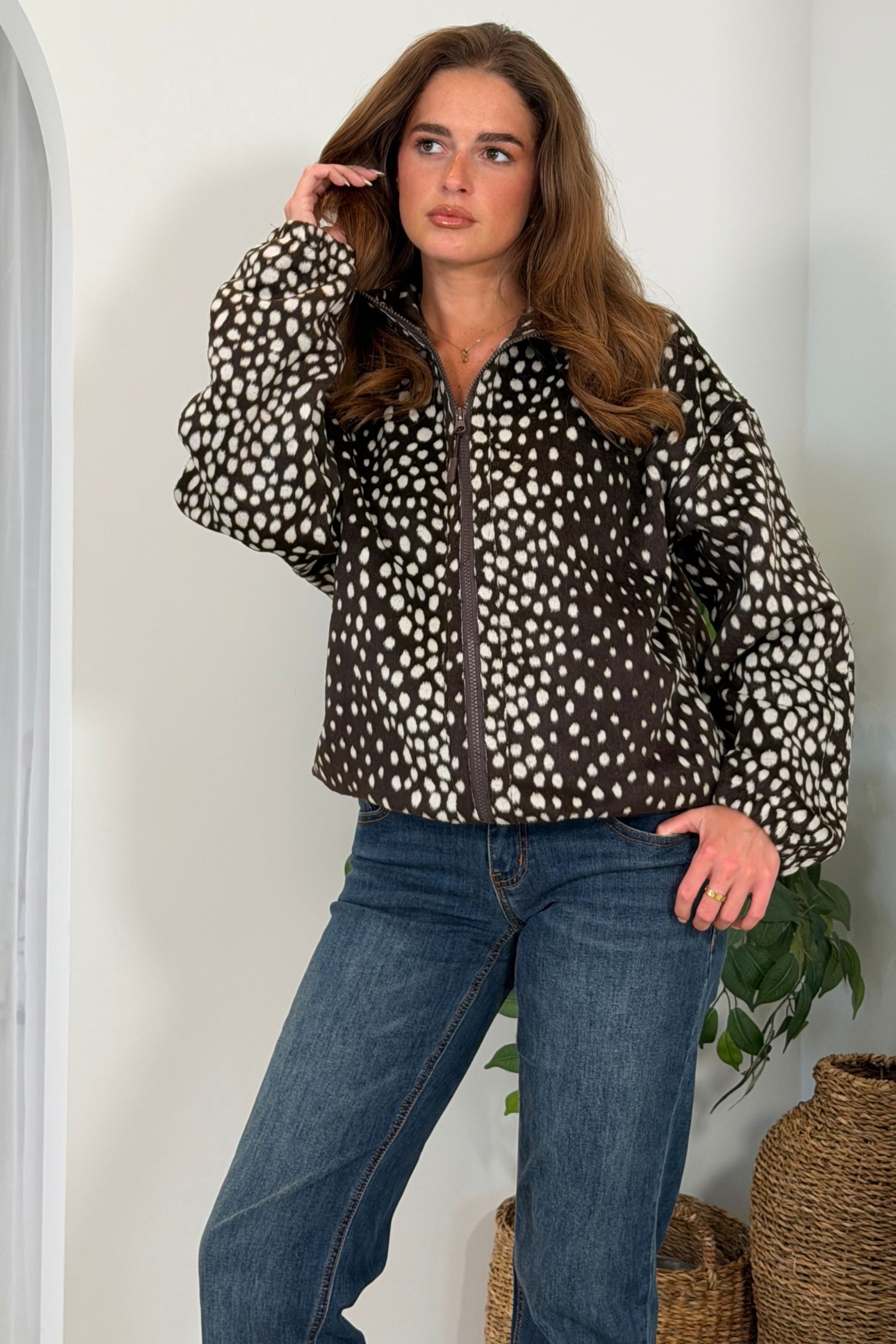 Simmy Deer Print Zip Up Fleece Brown