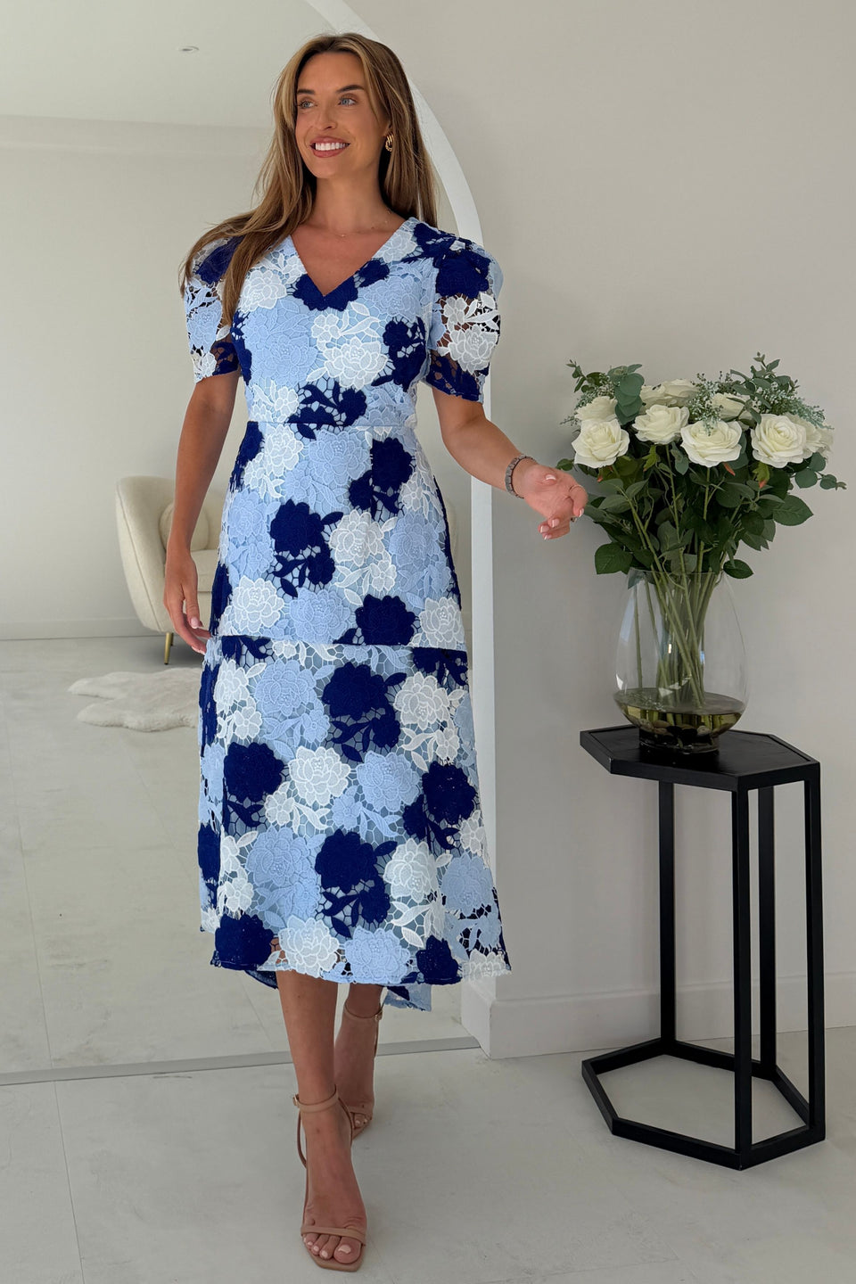 Myrtle V Neck A Line Floral Pastel Lace Midi Dress Blue