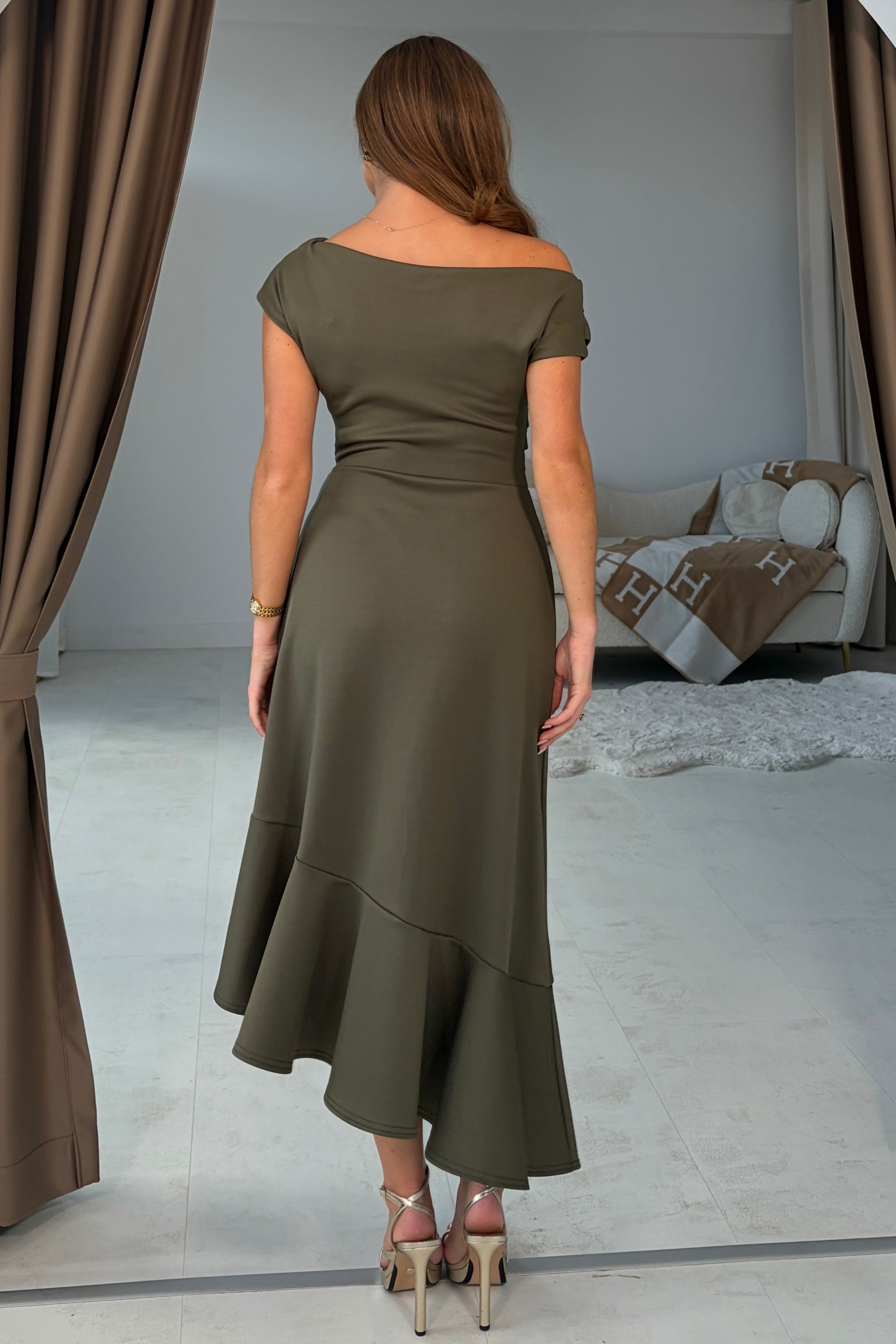 Felicity Asymmetric Frill Midi Dress Khaki