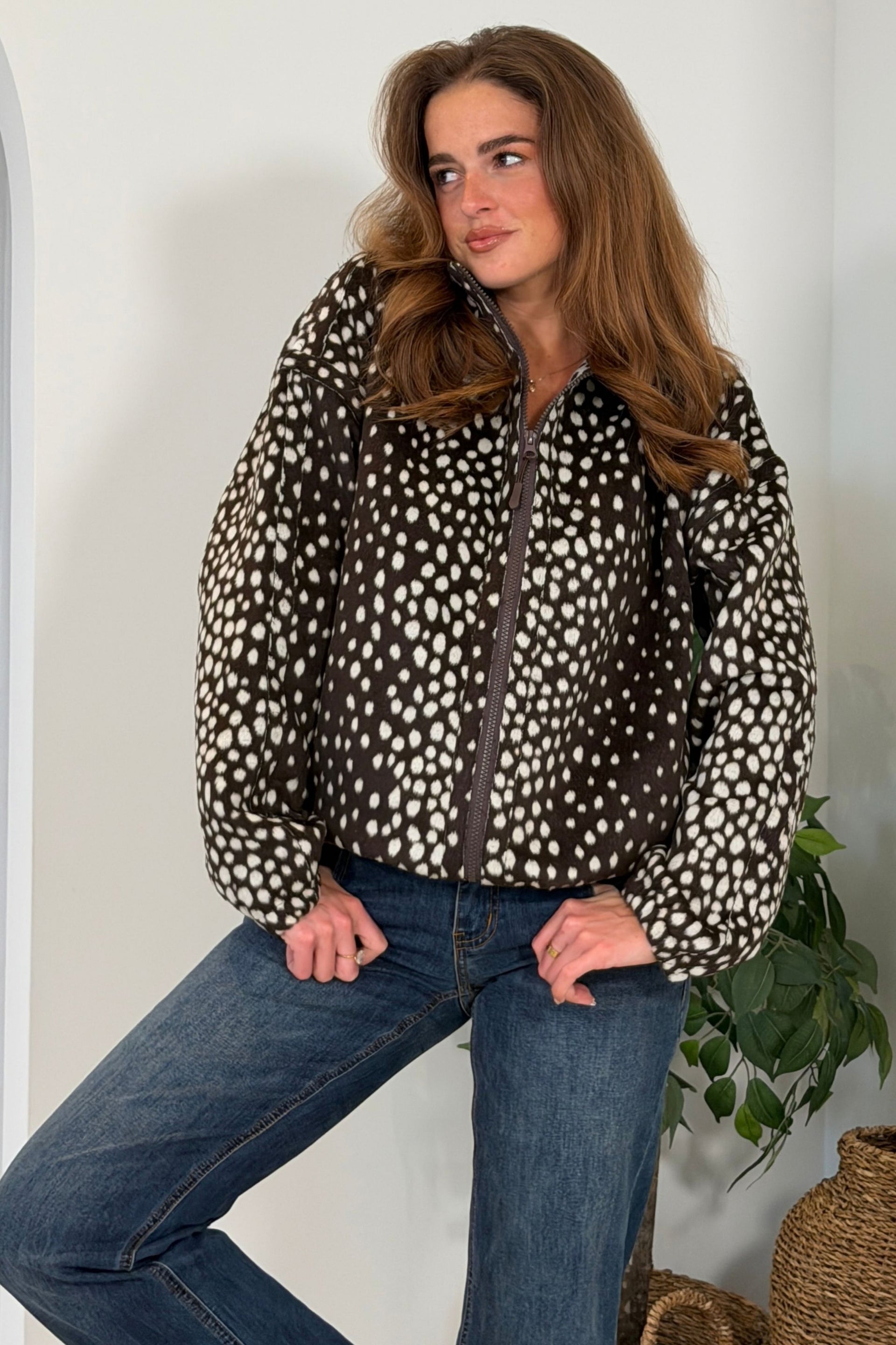 Simmy Deer Print Zip Up Fleece Brown