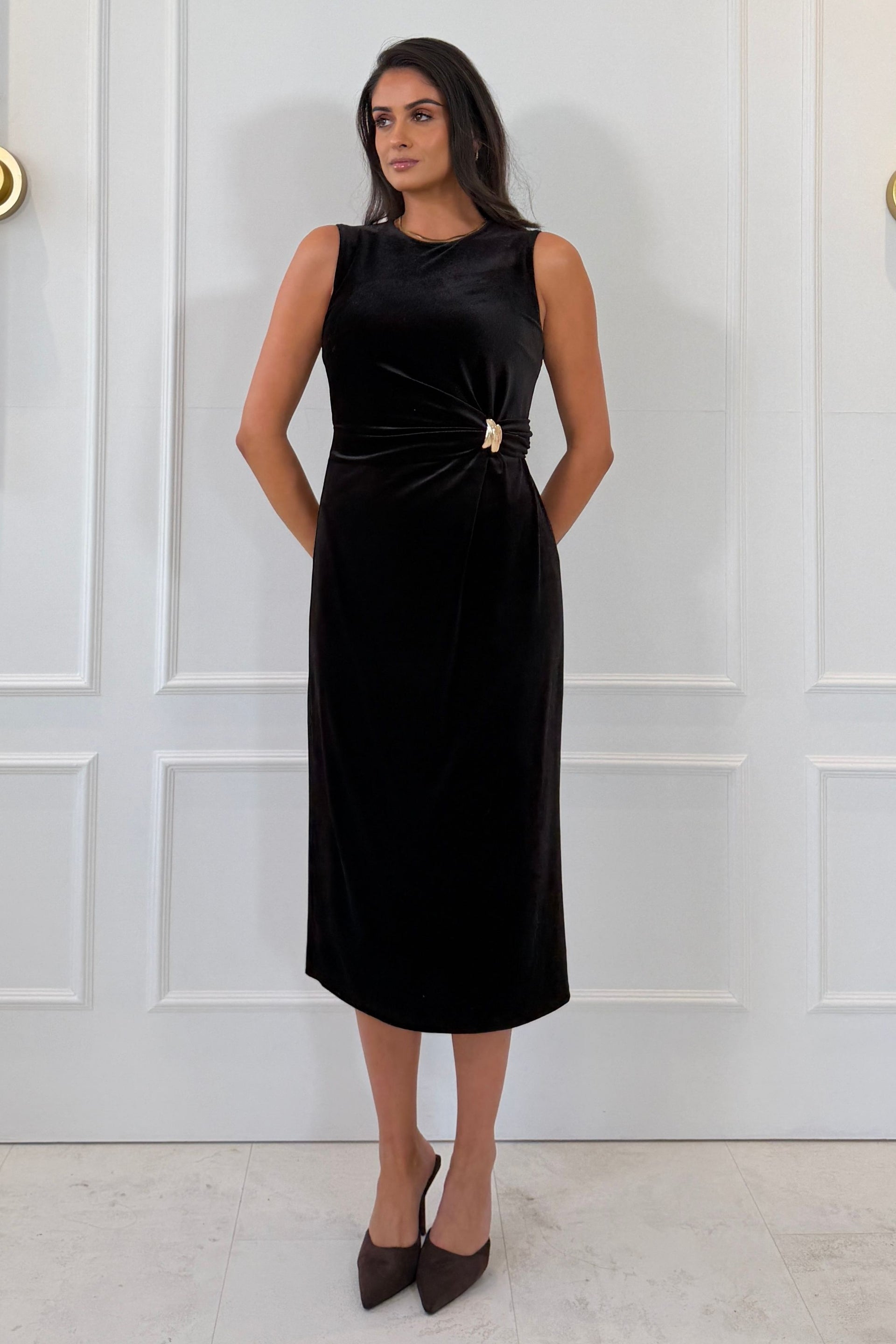 Louisa Velvet Gold Buckle Wrap detail Midi Dress Black