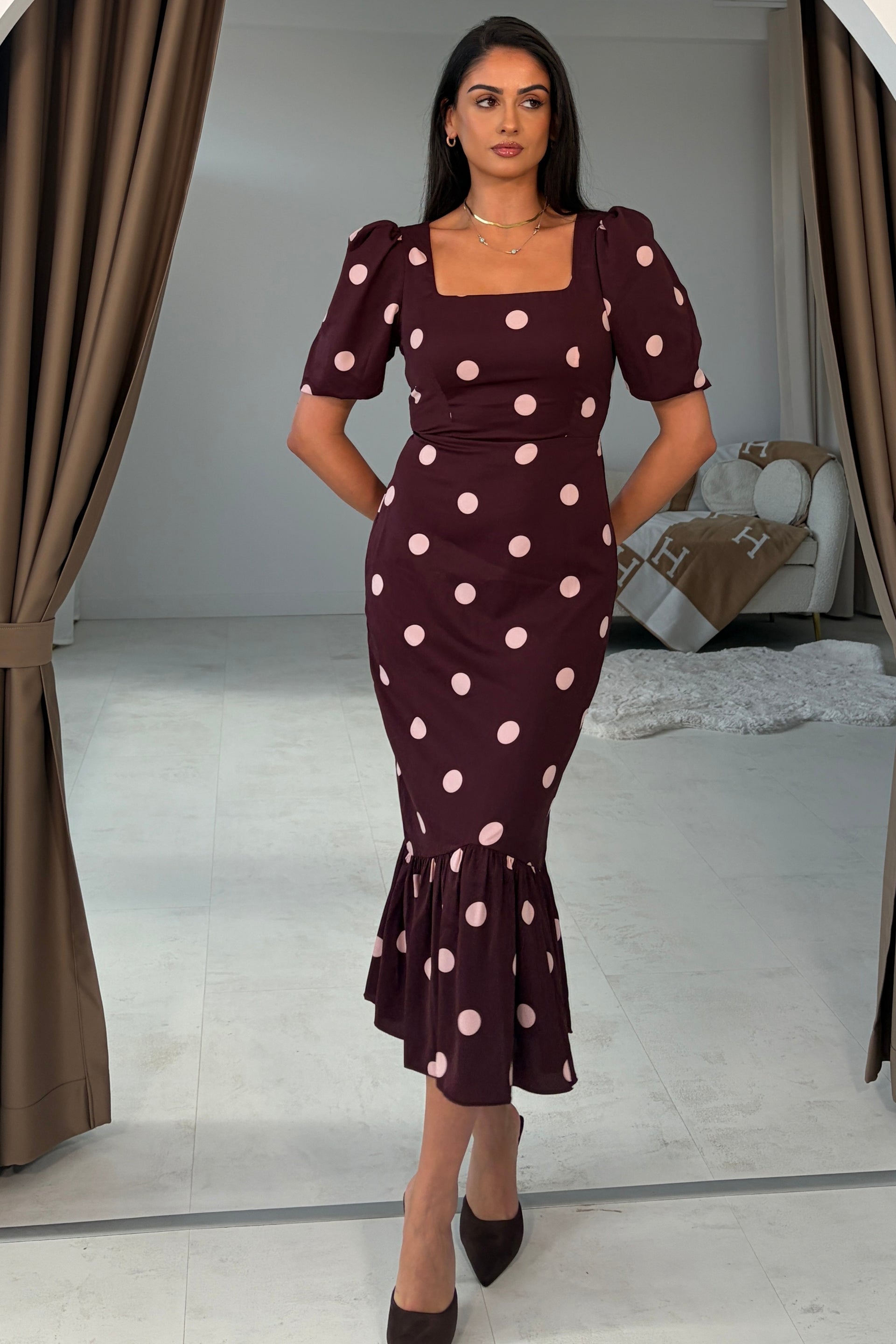 Jennifer Wine Polka Midi Dress