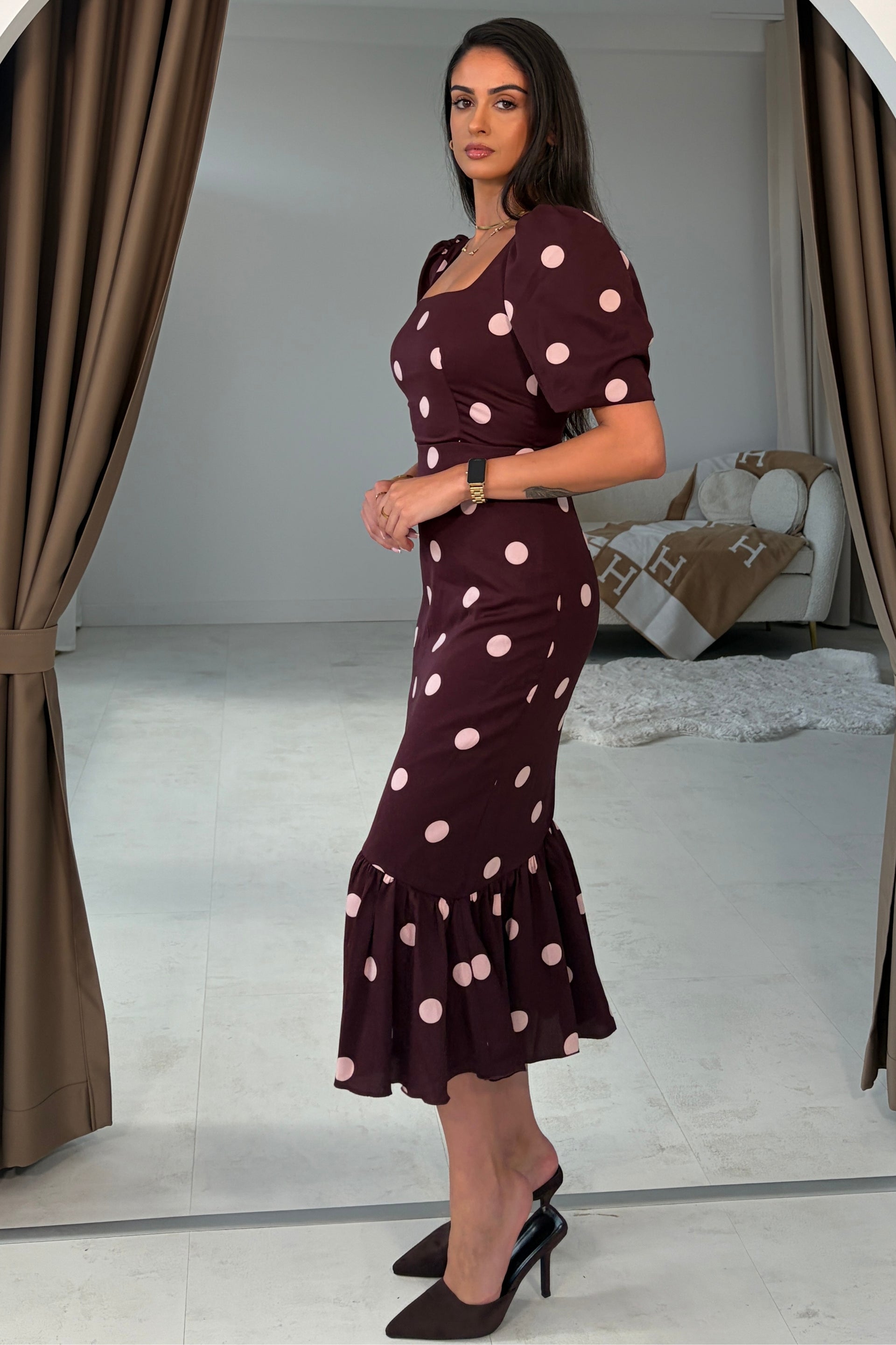 Jennifer Wine Polka Midi Dress