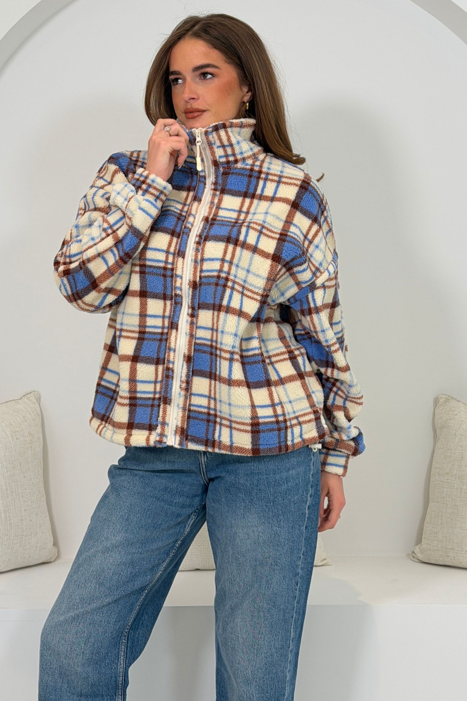 LuLu Full Zip Check Fleece Cream