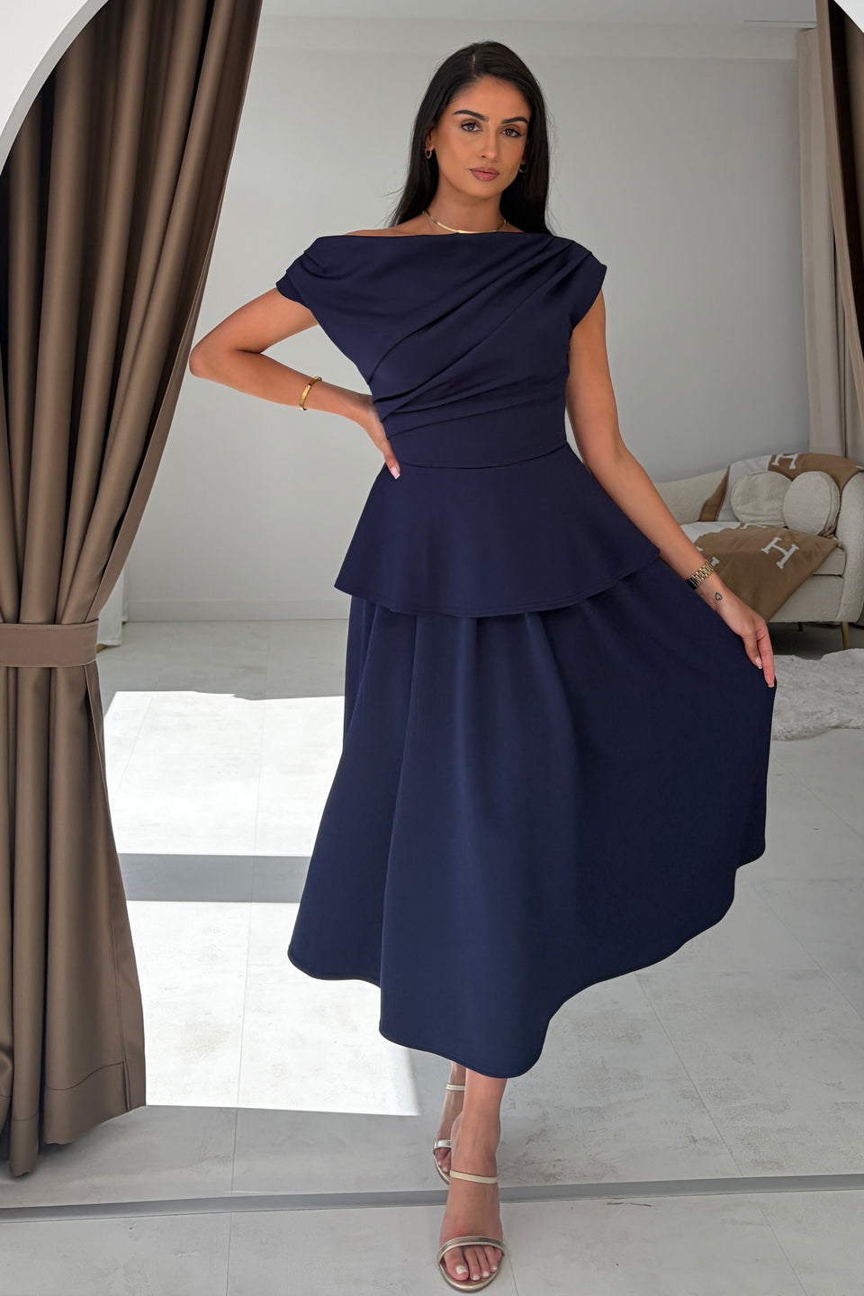Connie Peplum Midi Dress Navy