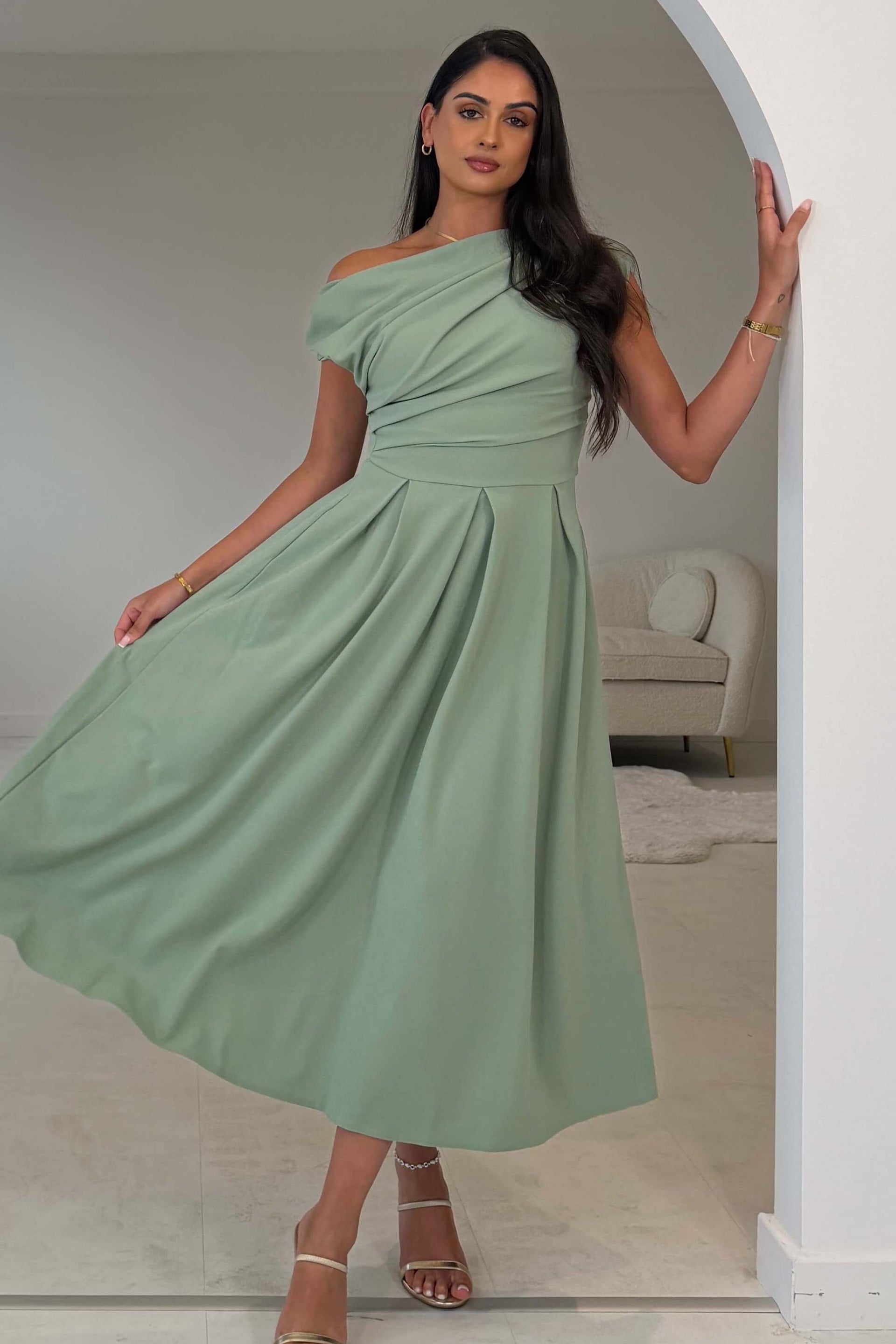 Dollie Asymmetric Neckline Skater Midi Dress Sage