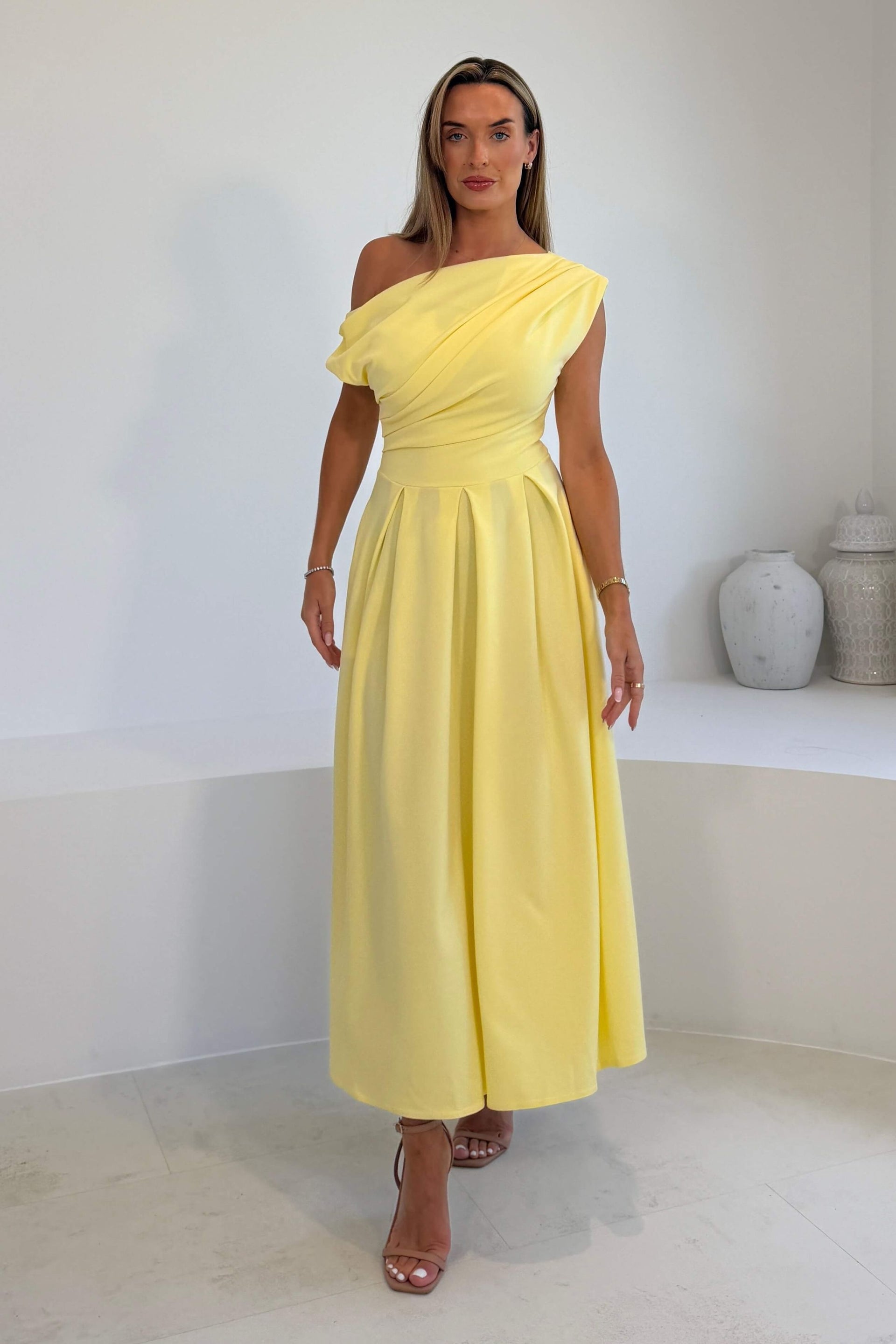 Dollie Asymmetric Neckline Skater Midi Dress Yellow