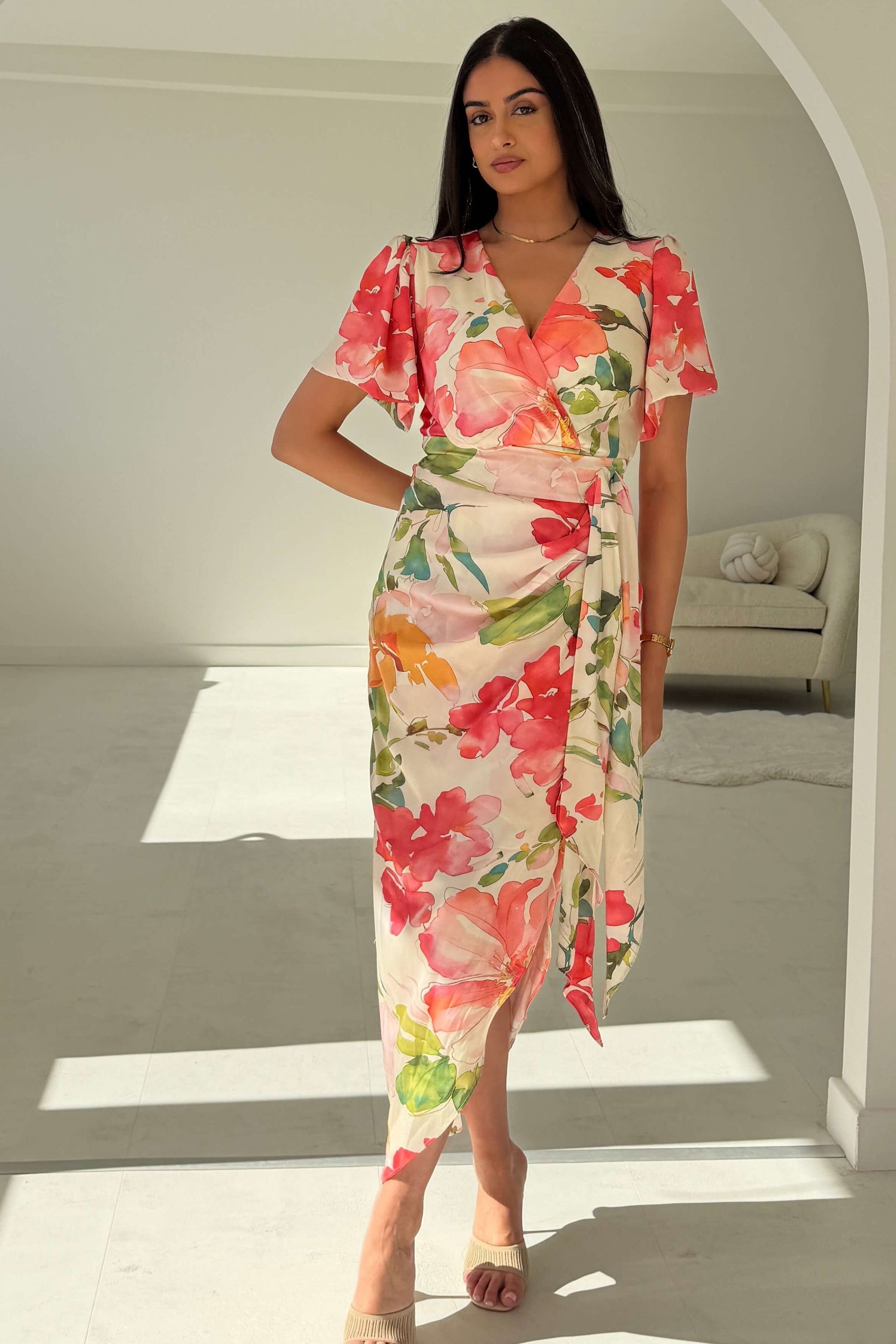 Drew Puff Sleeve Wrap Front Midi Dress Floral Print