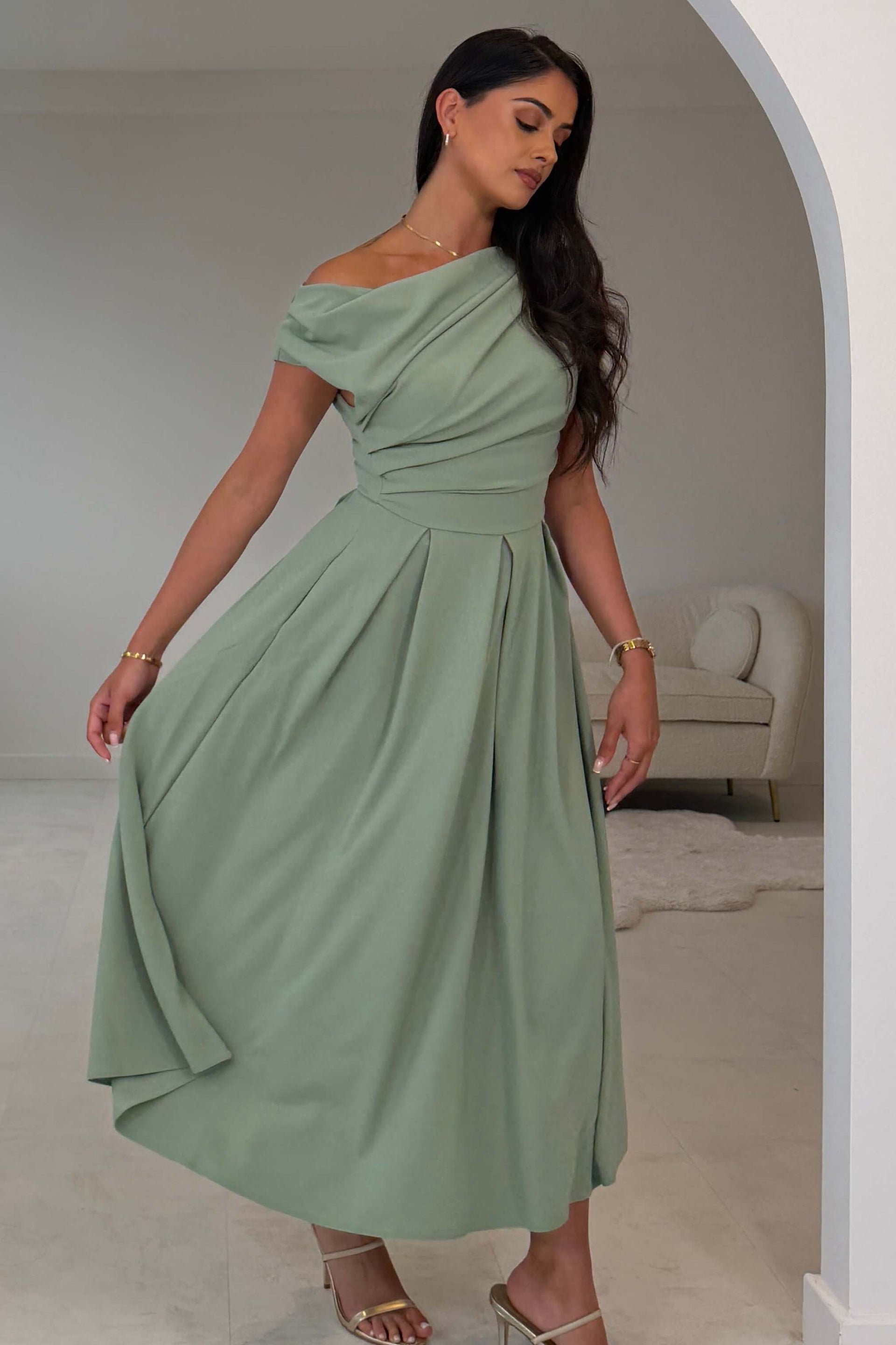 Dollie Asymmetric Neckline Skater Midi Dress Sage