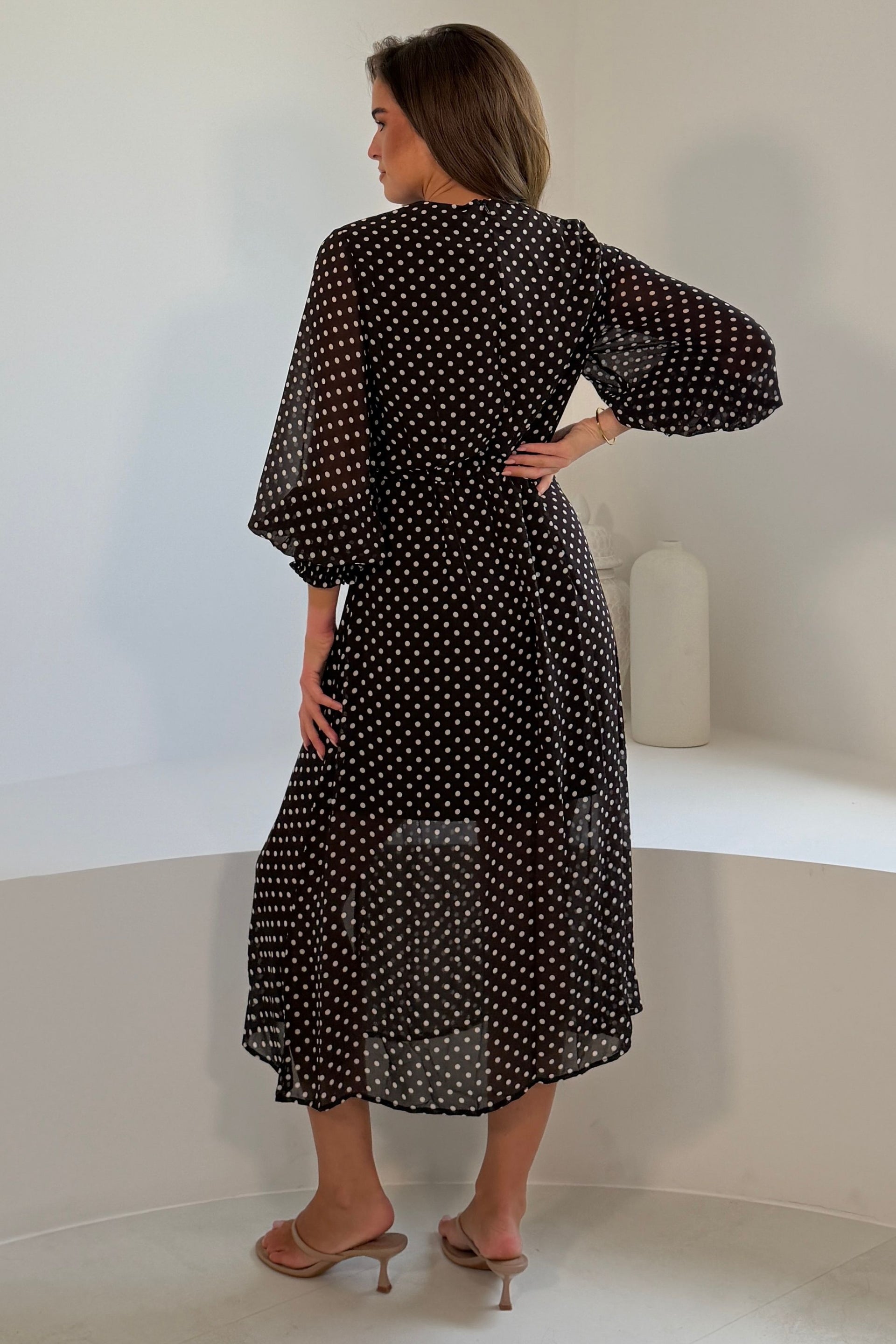 Olive Polka Dot Sweetheart Long Sleeve Midi Dress Brown