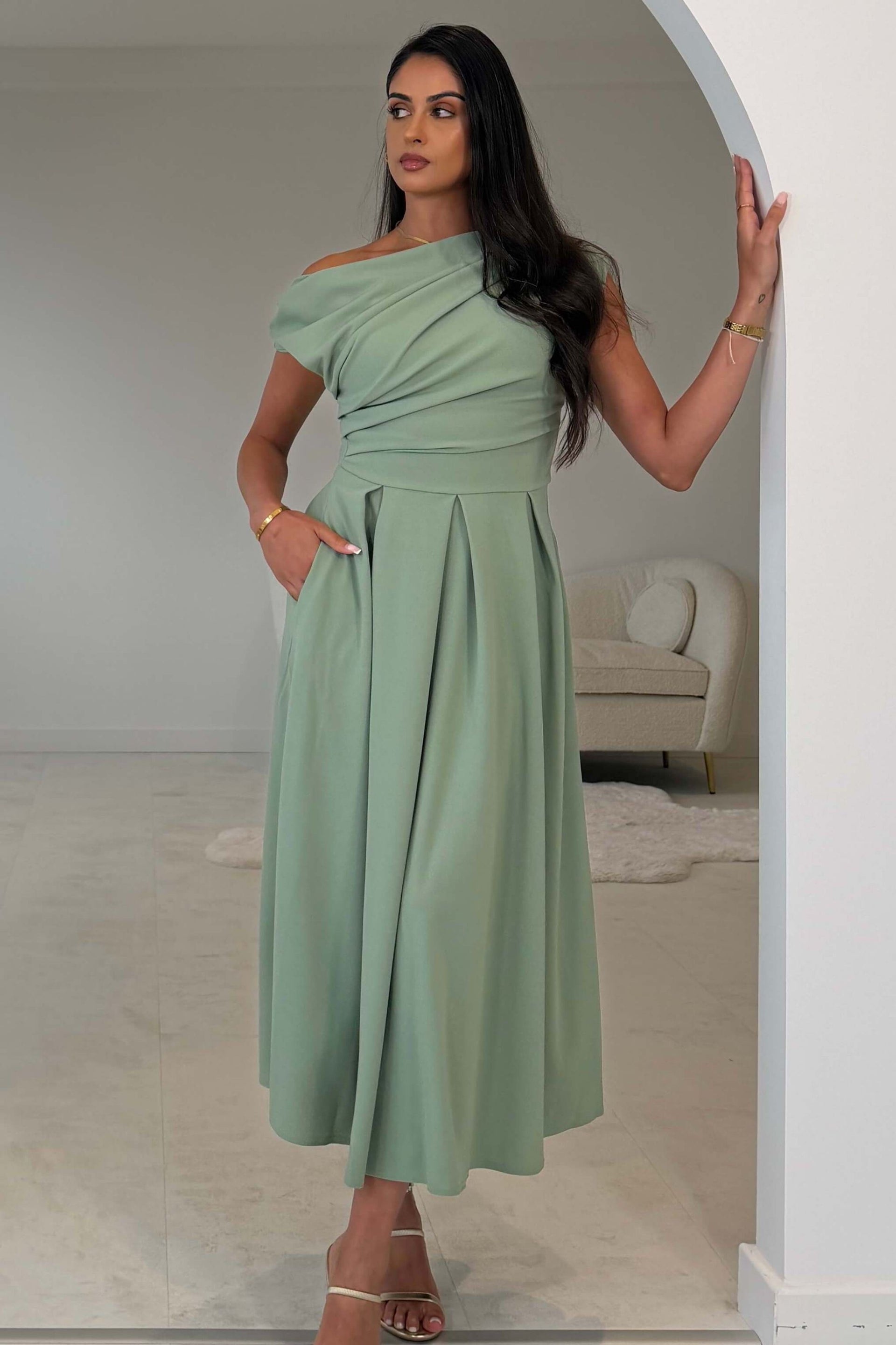 Dollie Asymmetric Neckline Skater Midi Dress Sage