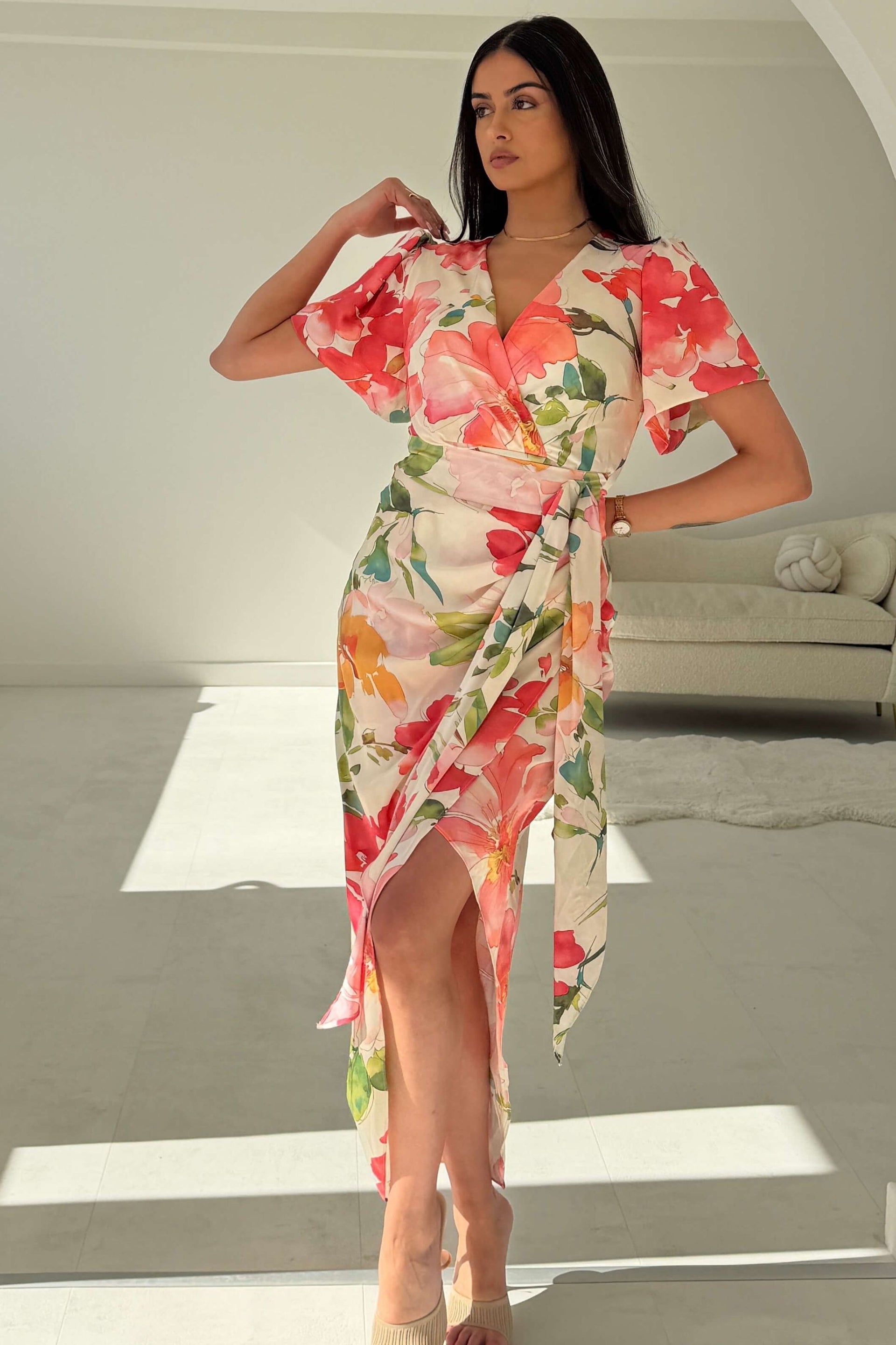 Drew Puff Sleeve Wrap Front Midi Dress Floral Print