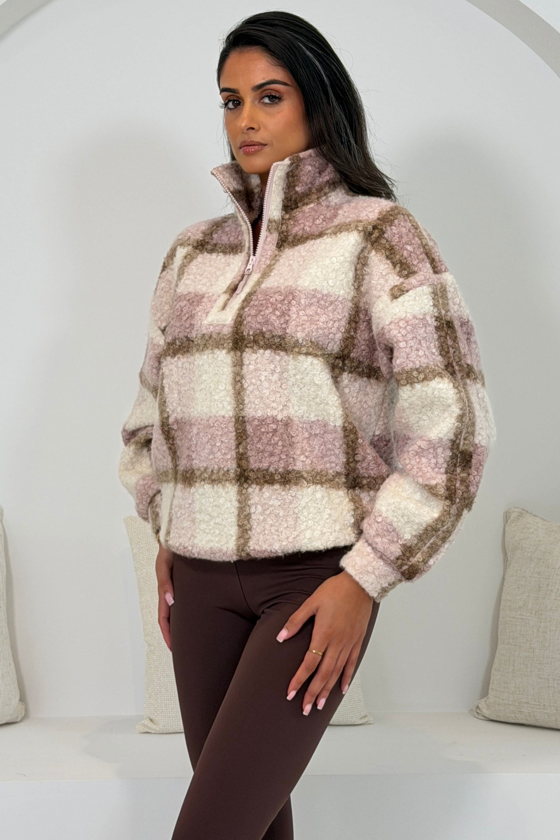 Tessa 1/4 Zip Check Print Fleece Pink