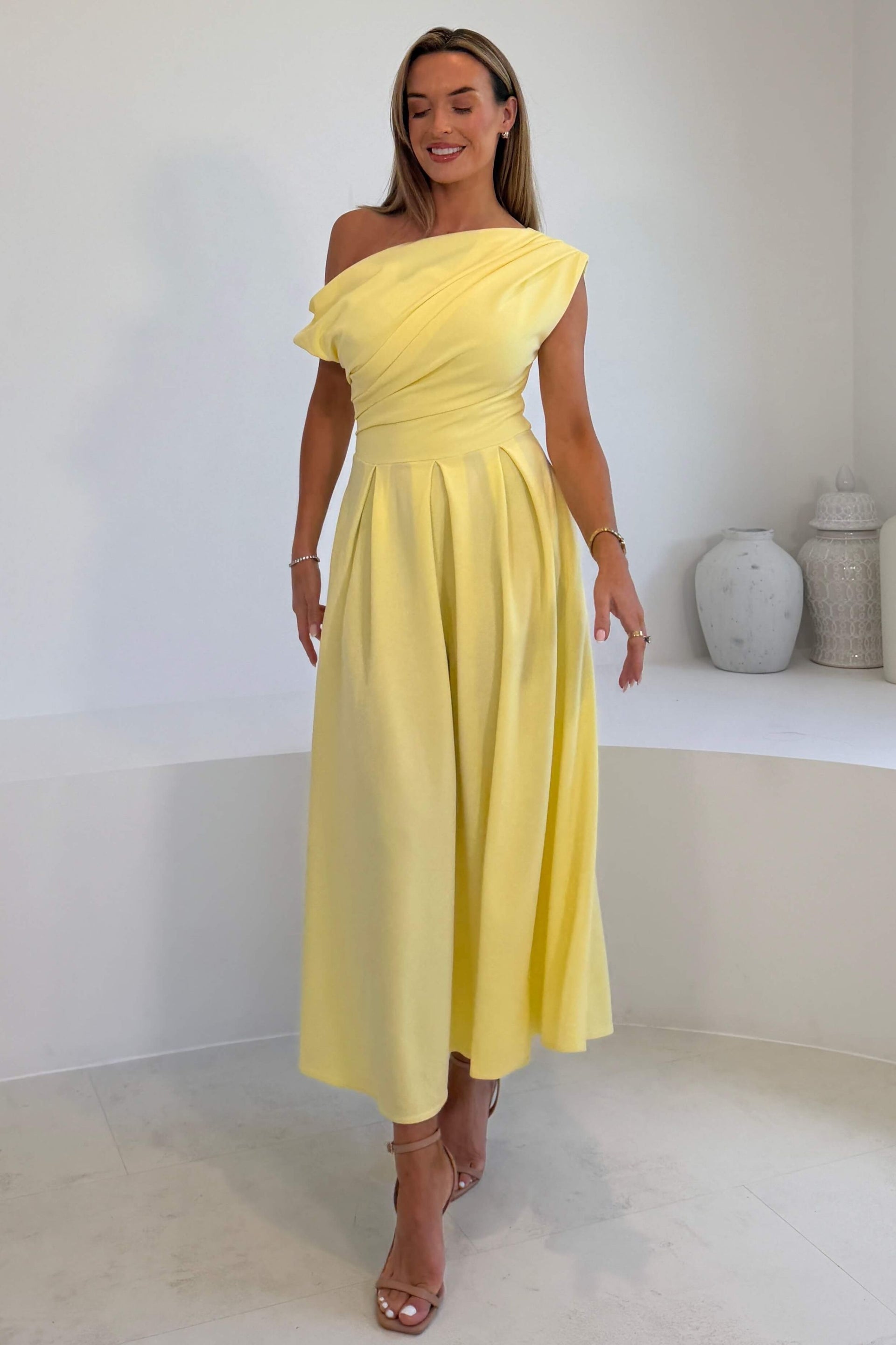 Dollie Asymmetric Neckline Skater Midi Dress Yellow