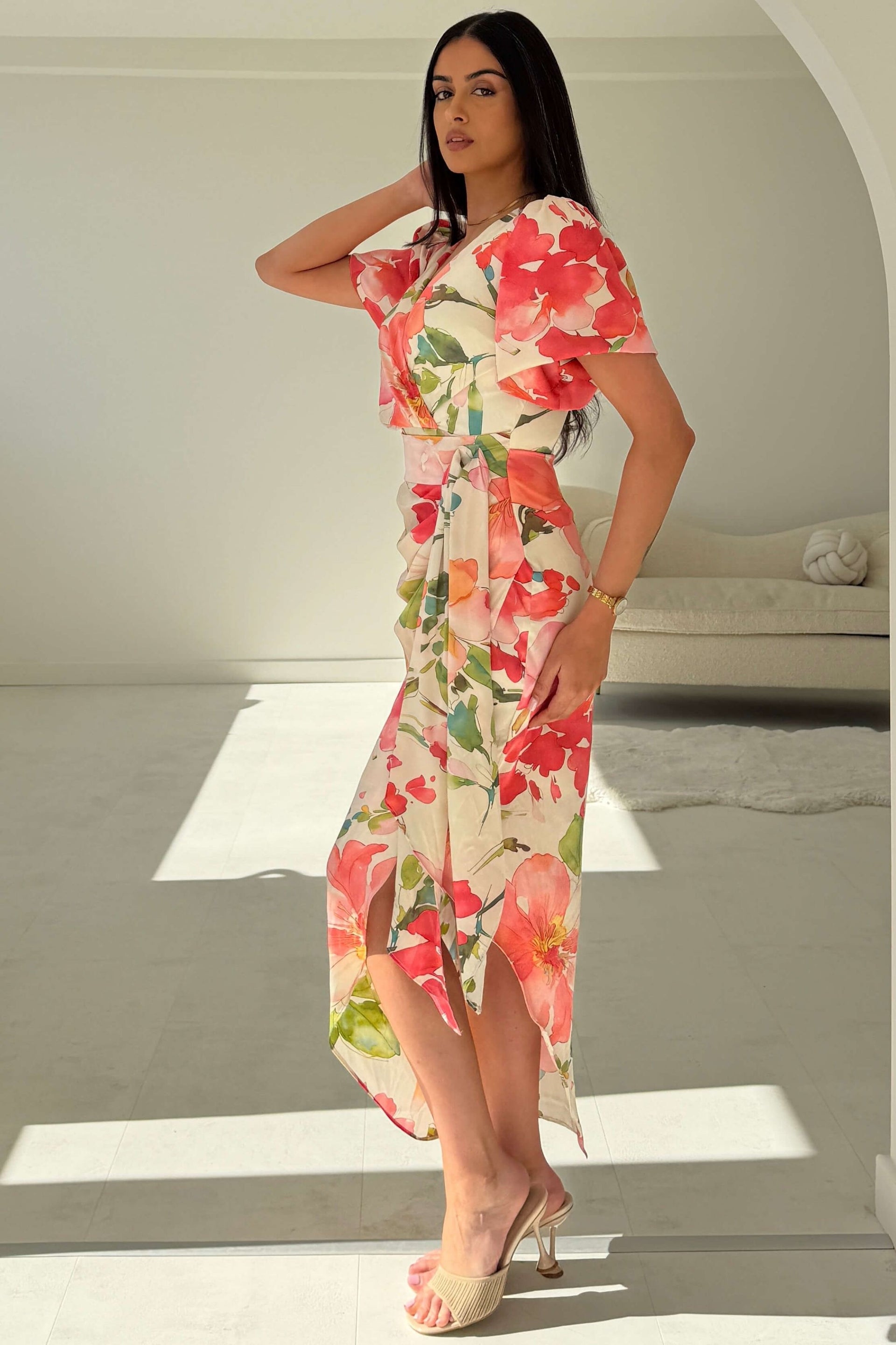 Drew Puff Sleeve Wrap Front Midi Dress Floral Print