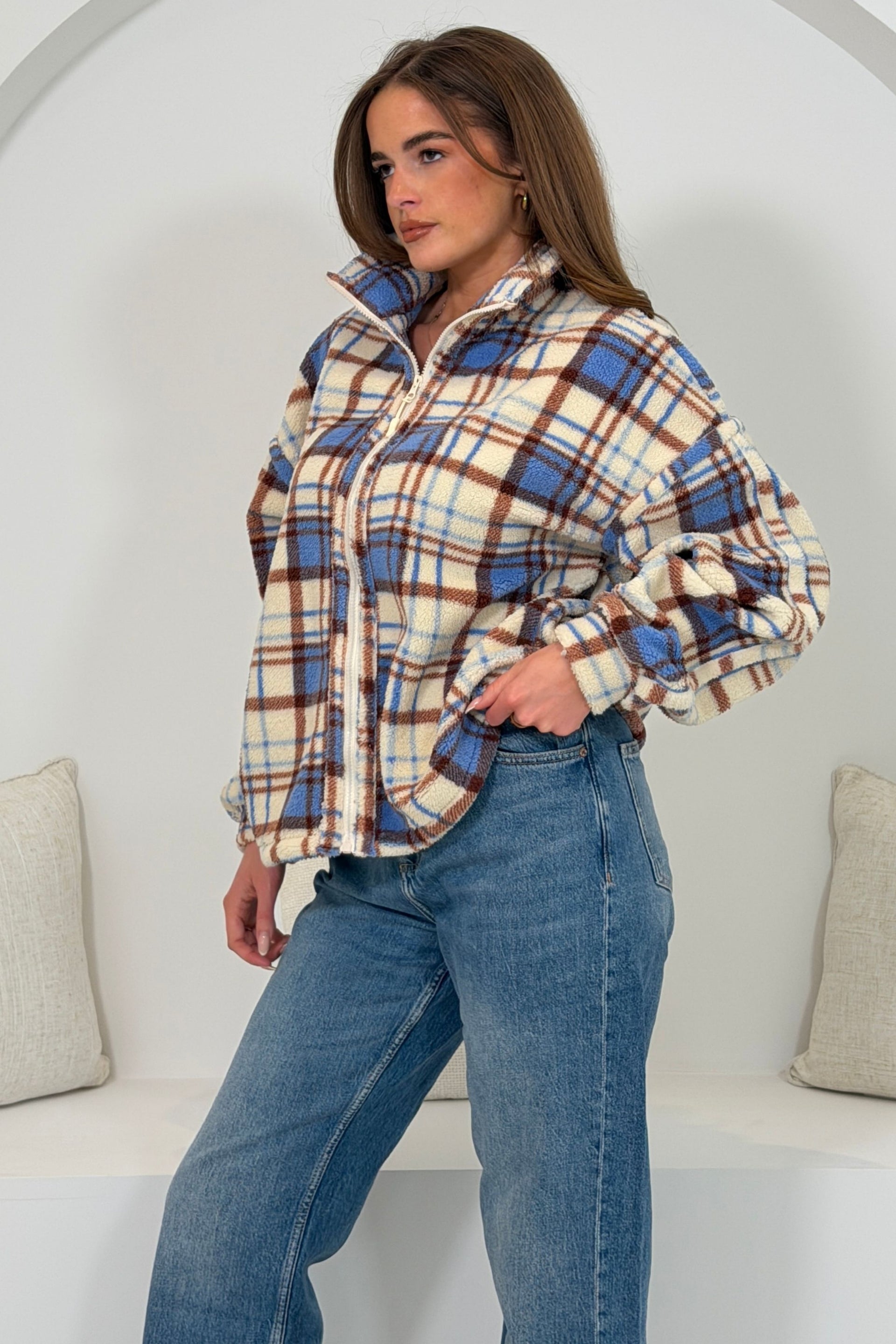 LuLu Full Zip Check Fleece Cream