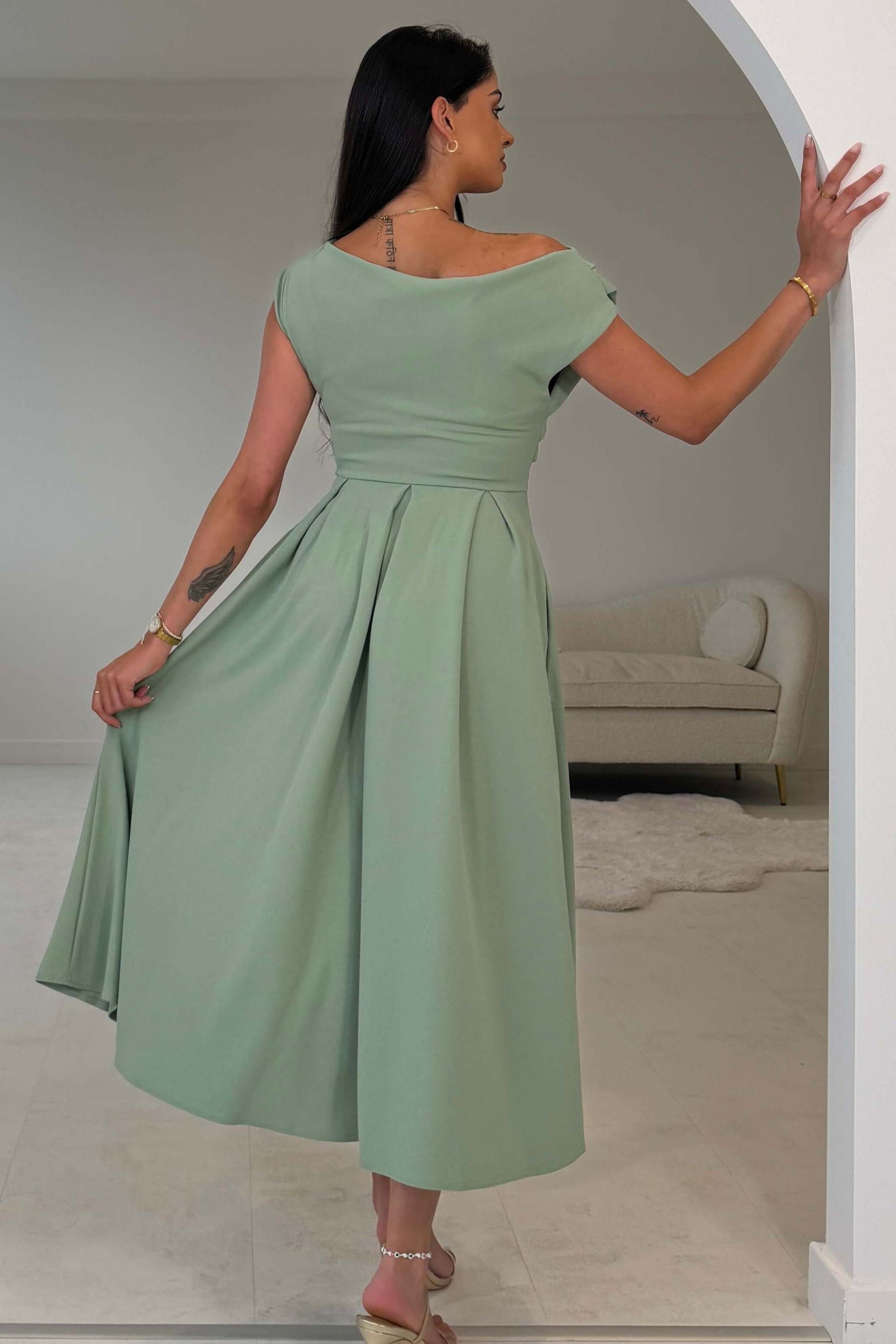 Dollie Asymmetric Neckline Skater Midi Dress Sage