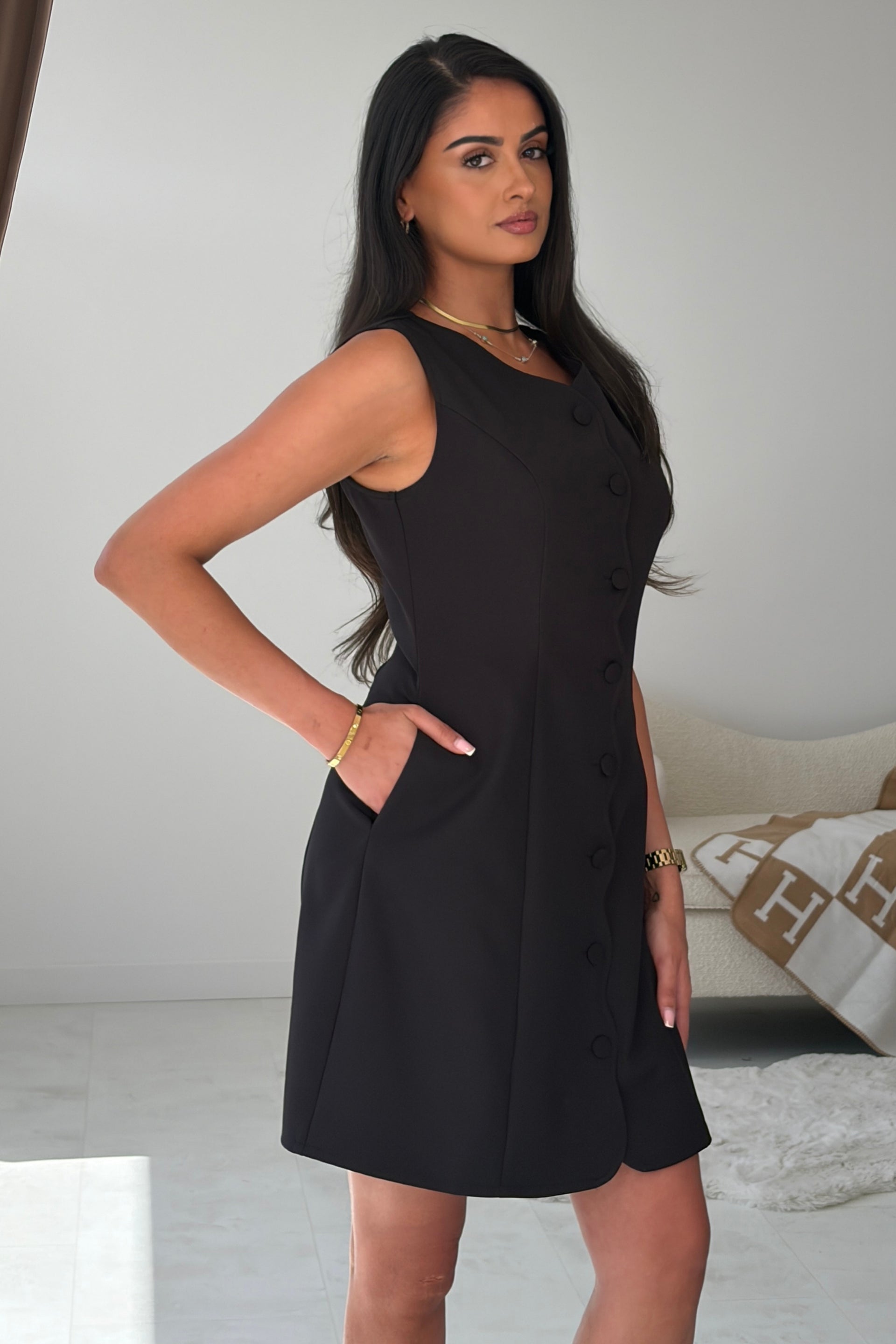Violetta Scallop Button Detail Mini Dress Black