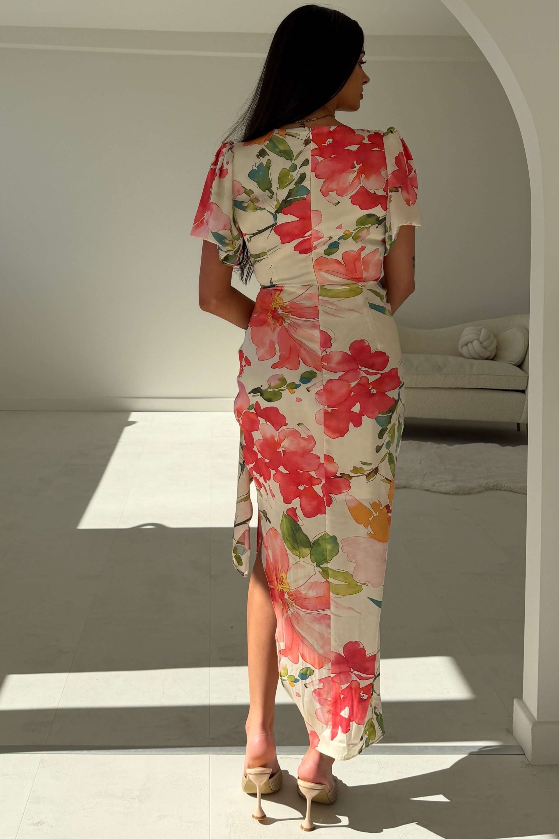 Drew Puff Sleeve Wrap Front Midi Dress Floral Print