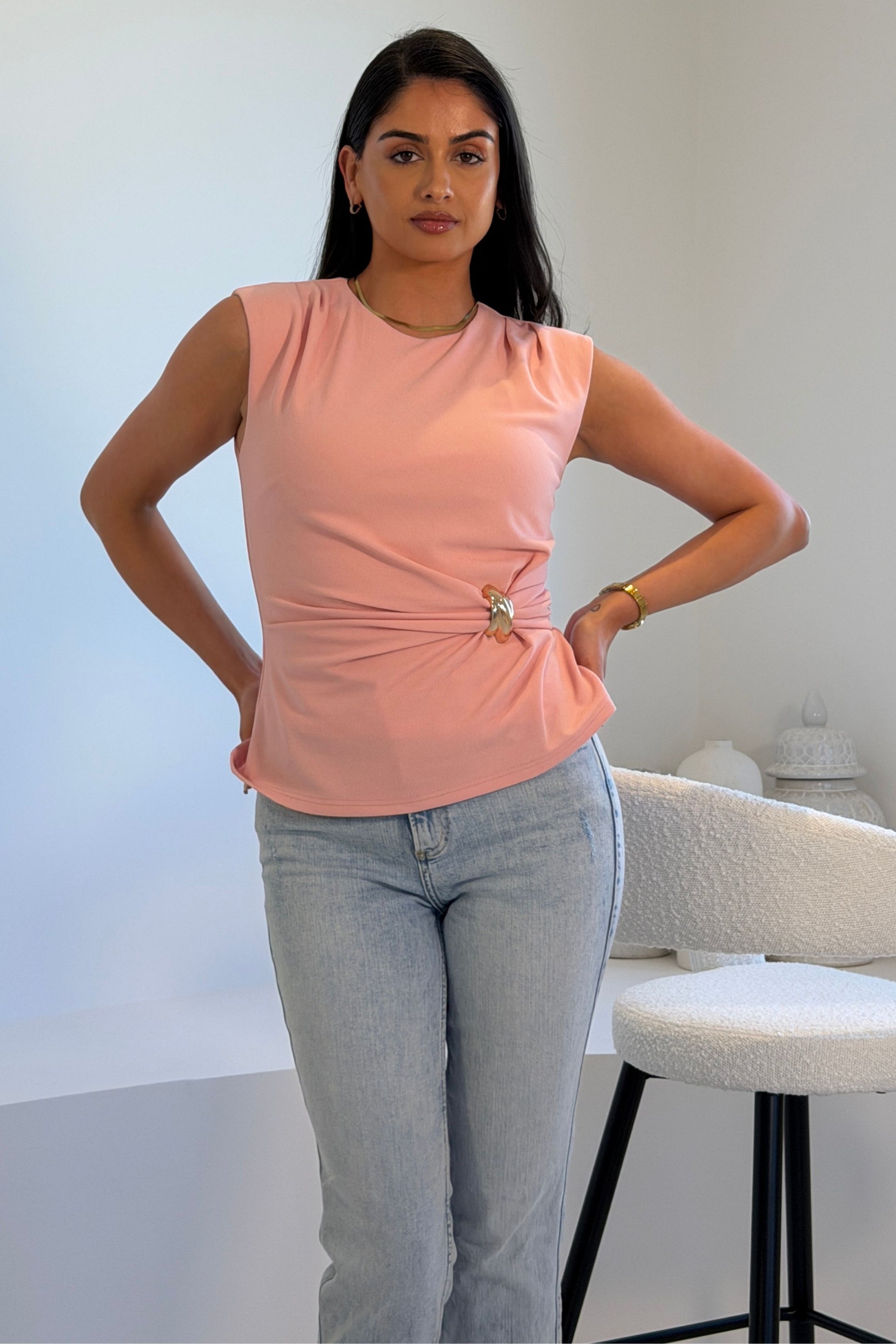 Louisa Gold Buckle Peplum Top Pink