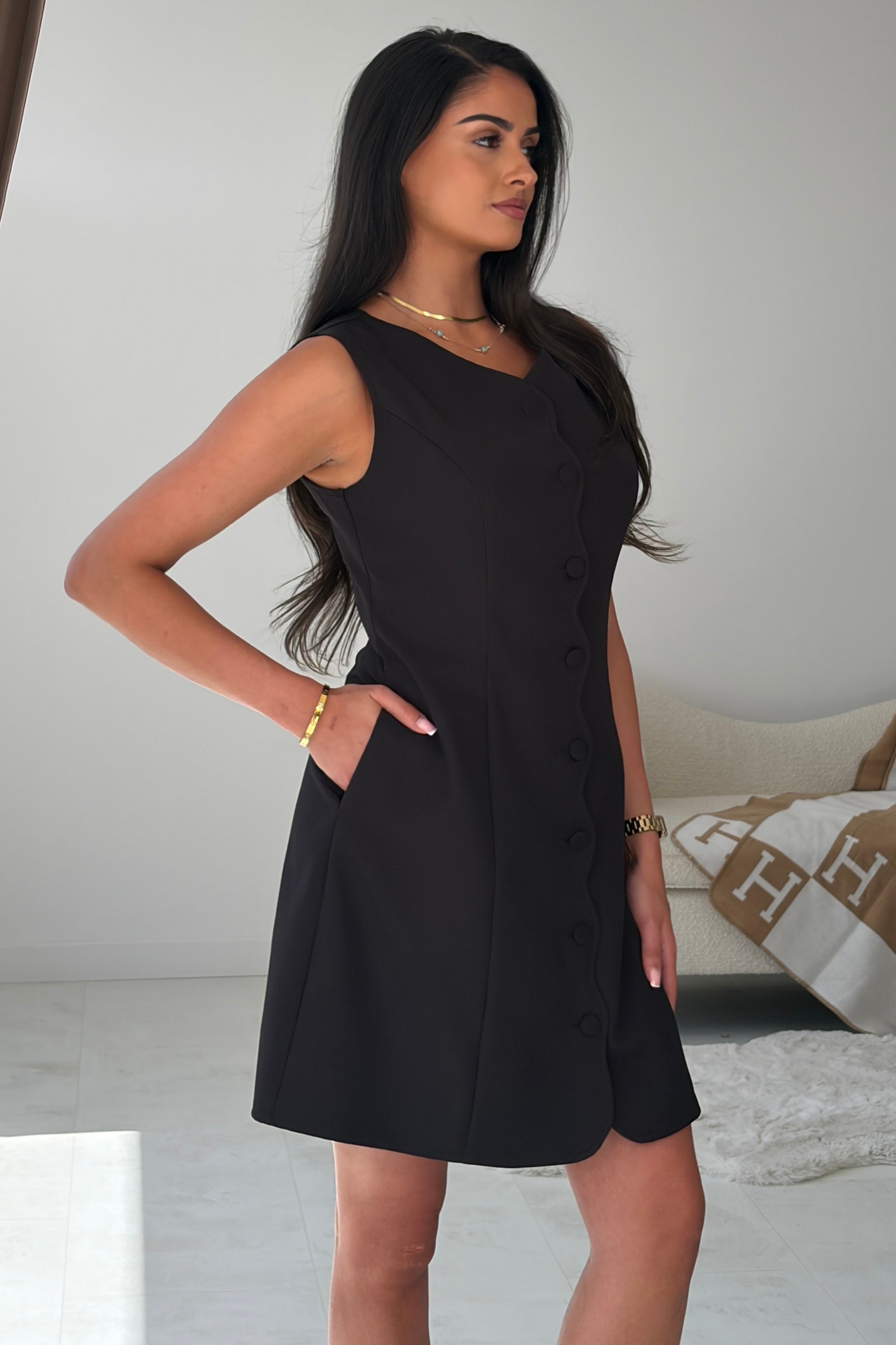 Violetta Scallop Button Detail Mini Dress Black