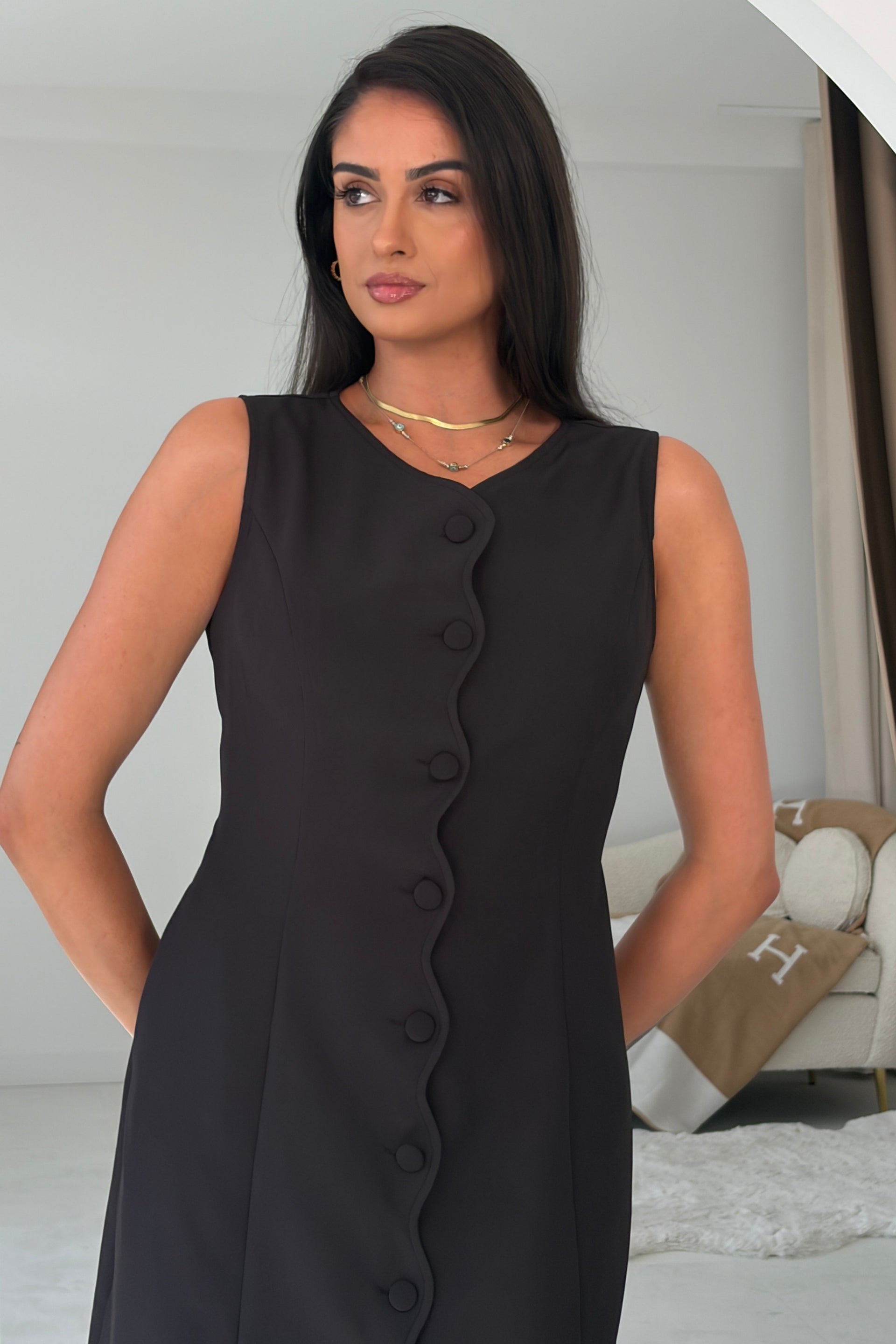 Violetta Scallop Button Detail Mini Dress Black