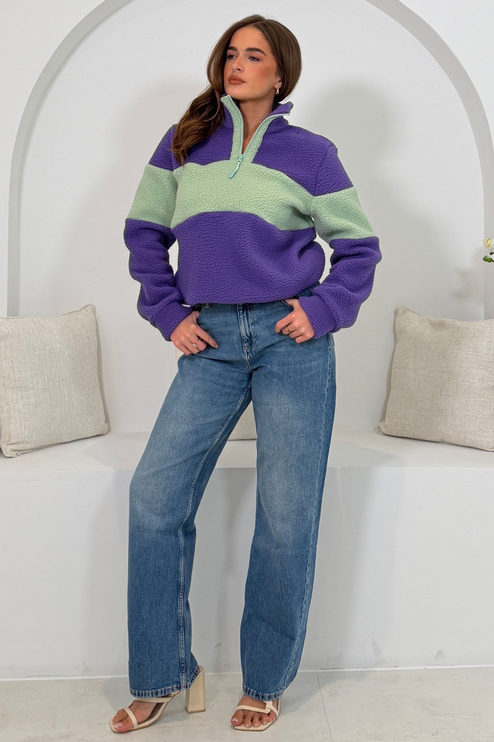 Beau 3/4  Zip Contrast Panel Fleece Purple