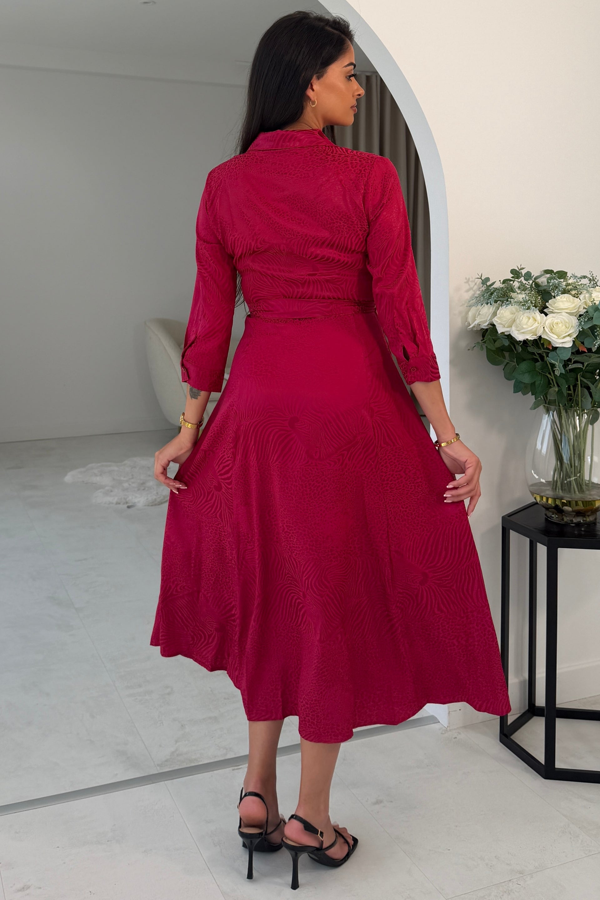 Angela Long Sleeve Maxi Shirt Dress Wine Animal