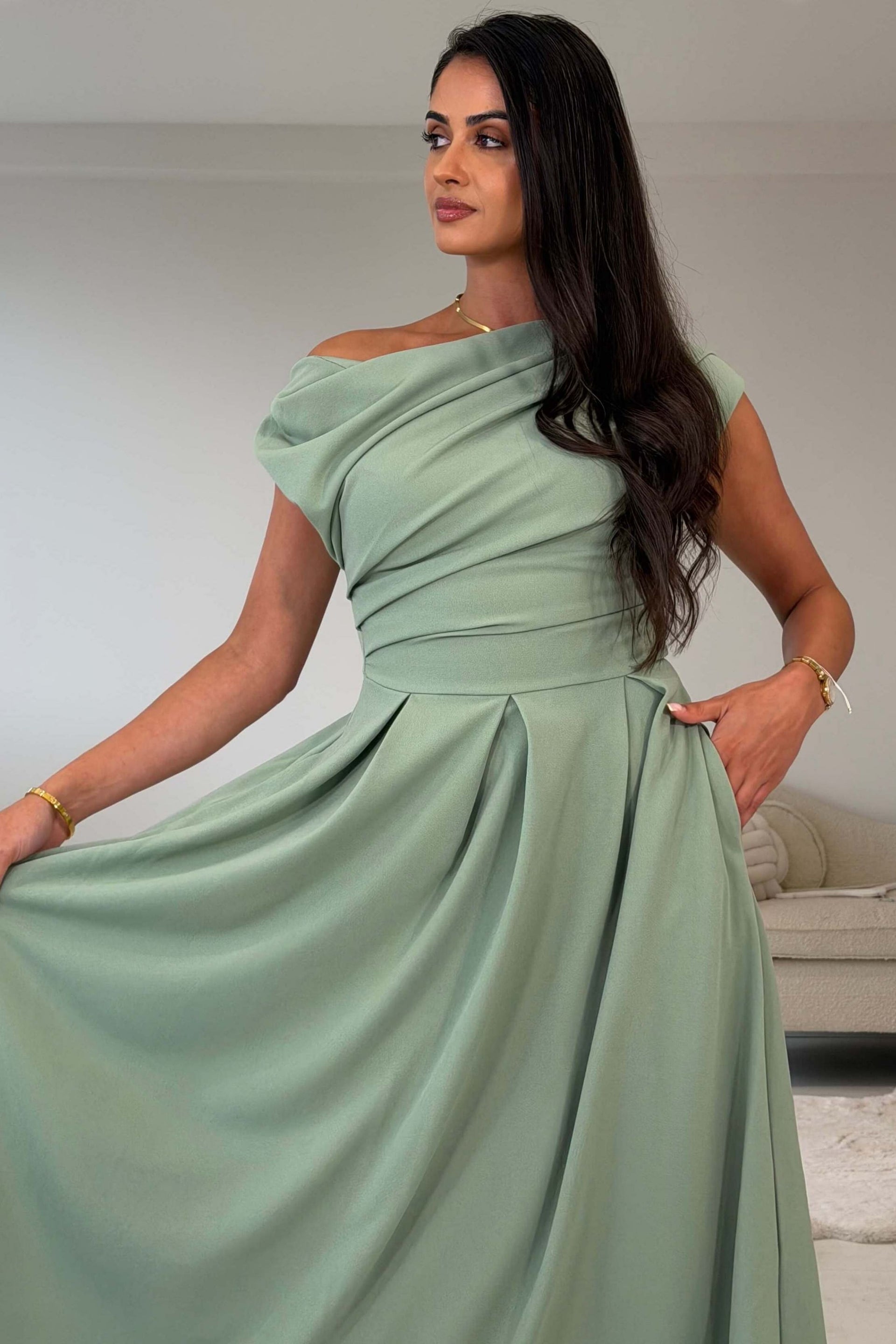Dollie Asymmetric Neckline Skater Midi Dress Sage