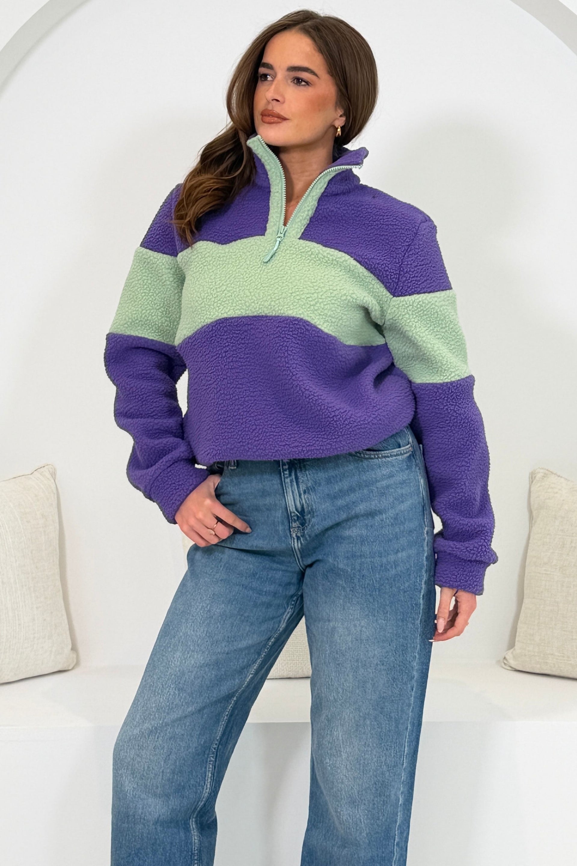 Beau 3/4  Zip Contrast Panel Fleece Purple