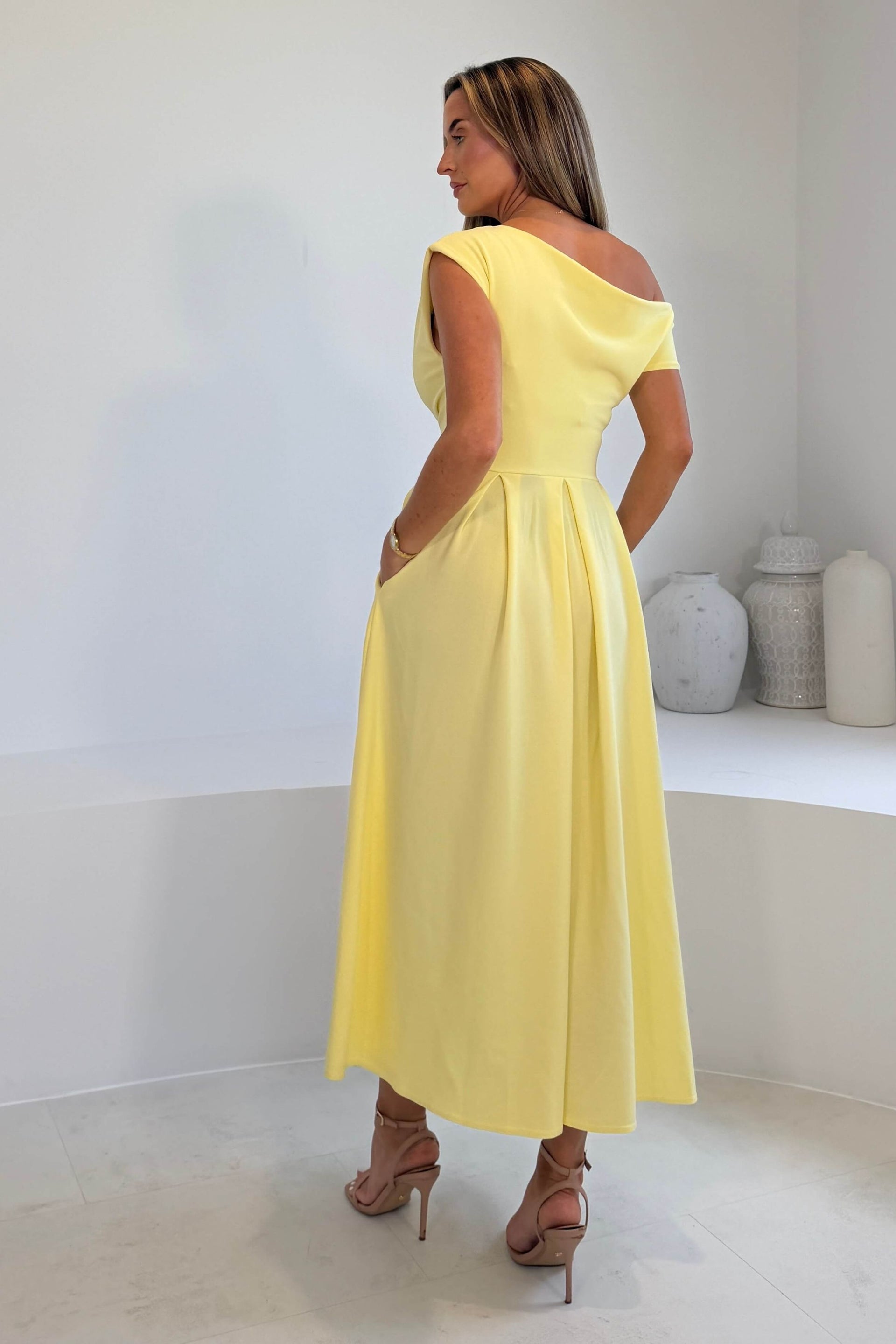 Dollie Asymmetric Neckline Skater Midi Dress Yellow