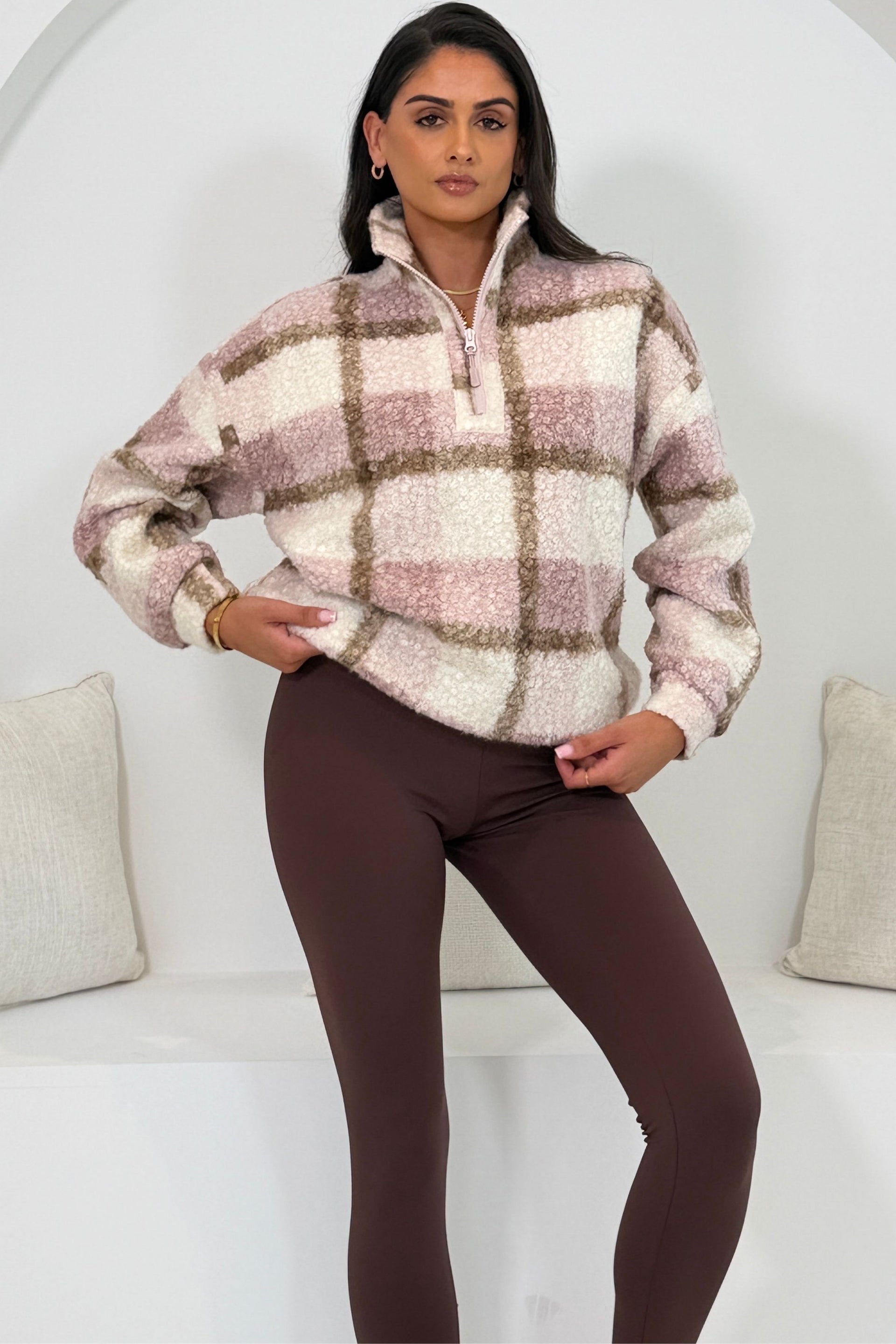 Tessa 1/4 Zip Check Print Fleece Pink