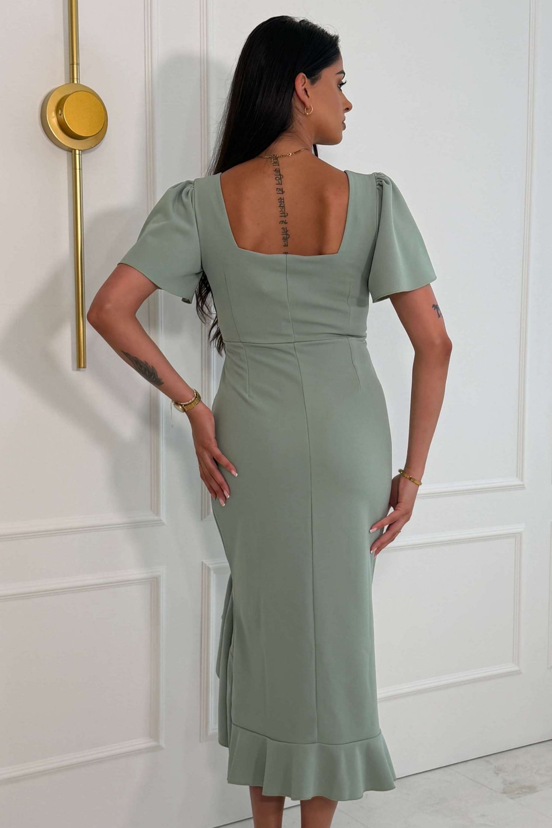 Darcie Flaired Sleeve Frill Midi Dress Sage