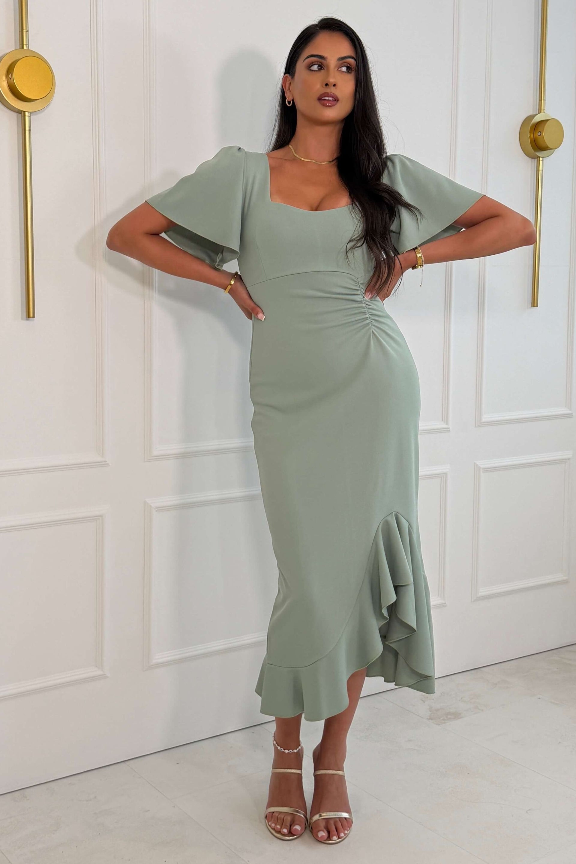 Darcie Flaired Sleeve Frill Midi Dress Sage