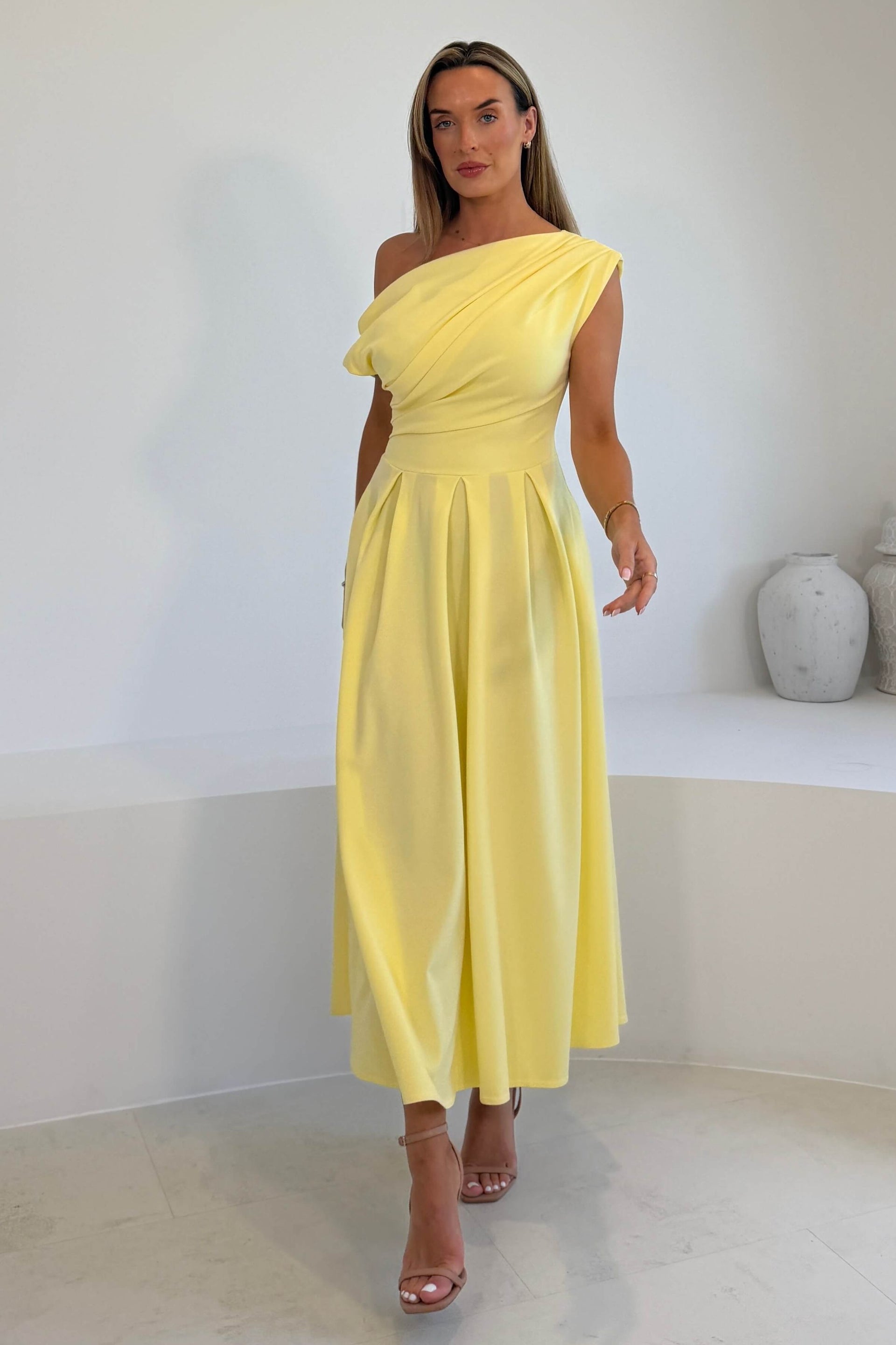 Dollie Asymmetric Neckline Skater Midi Dress Yellow – Girl In Mind