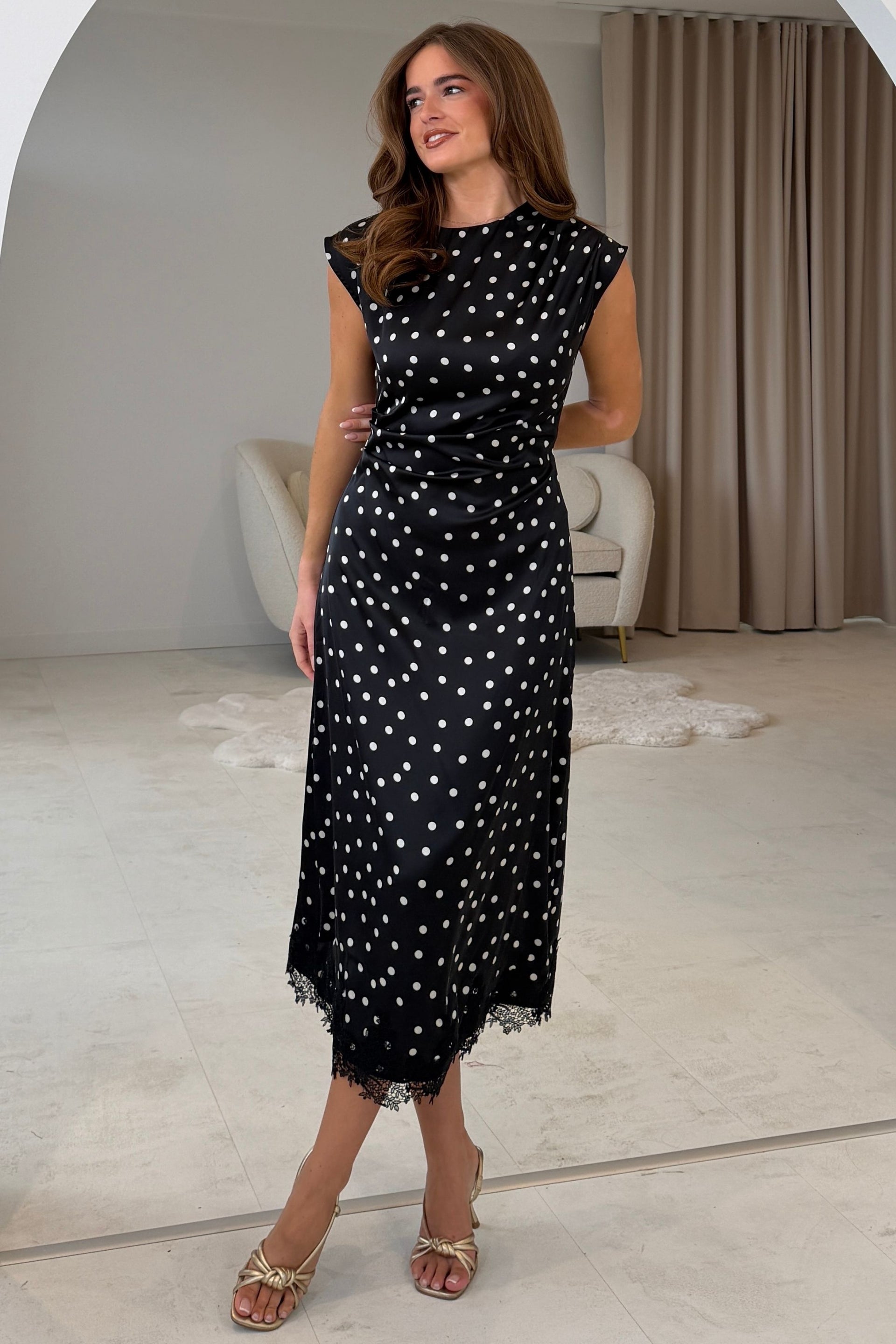 Serina Polka Dot Lace Trim Midi Dress  Black