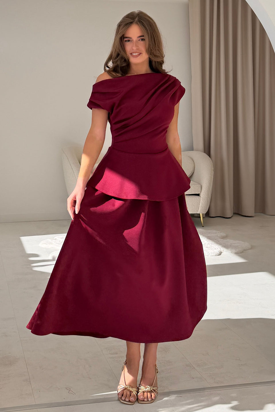 Connie Peplum Midi Dress Burgundy
