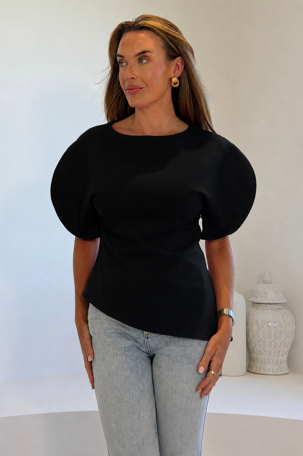 LilyMae Split Sleeve Asymetric Top Black