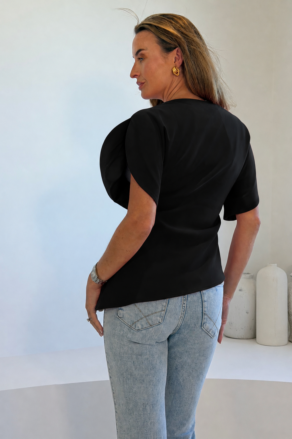 LilyMae Split Sleeve Asymetric Top Black