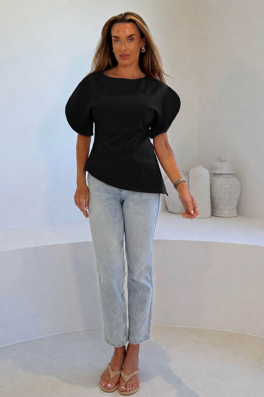 LilyMae Split Sleeve Asymetric Top Black