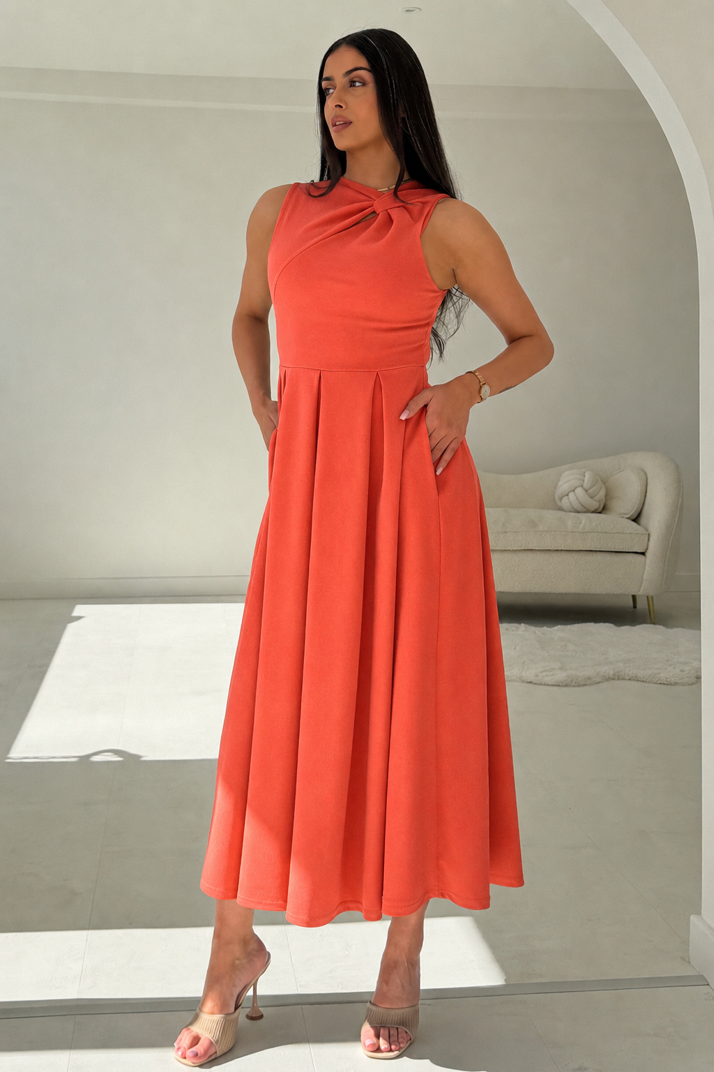 Anastasia Knot Detail Midi Dress Coral
