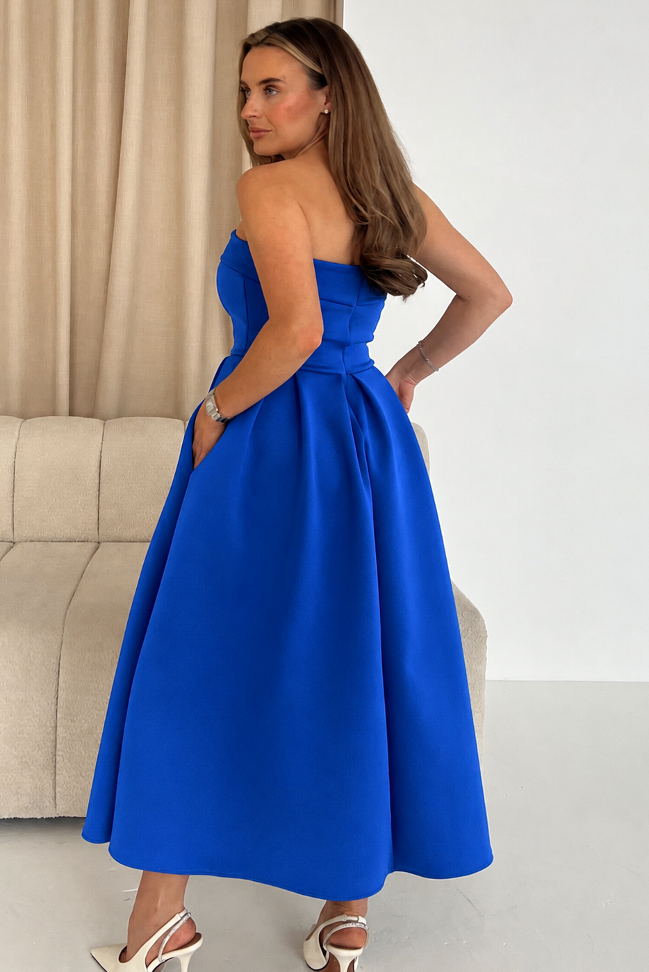 Danni Strapless Bandeau Midi Dress Cobalt