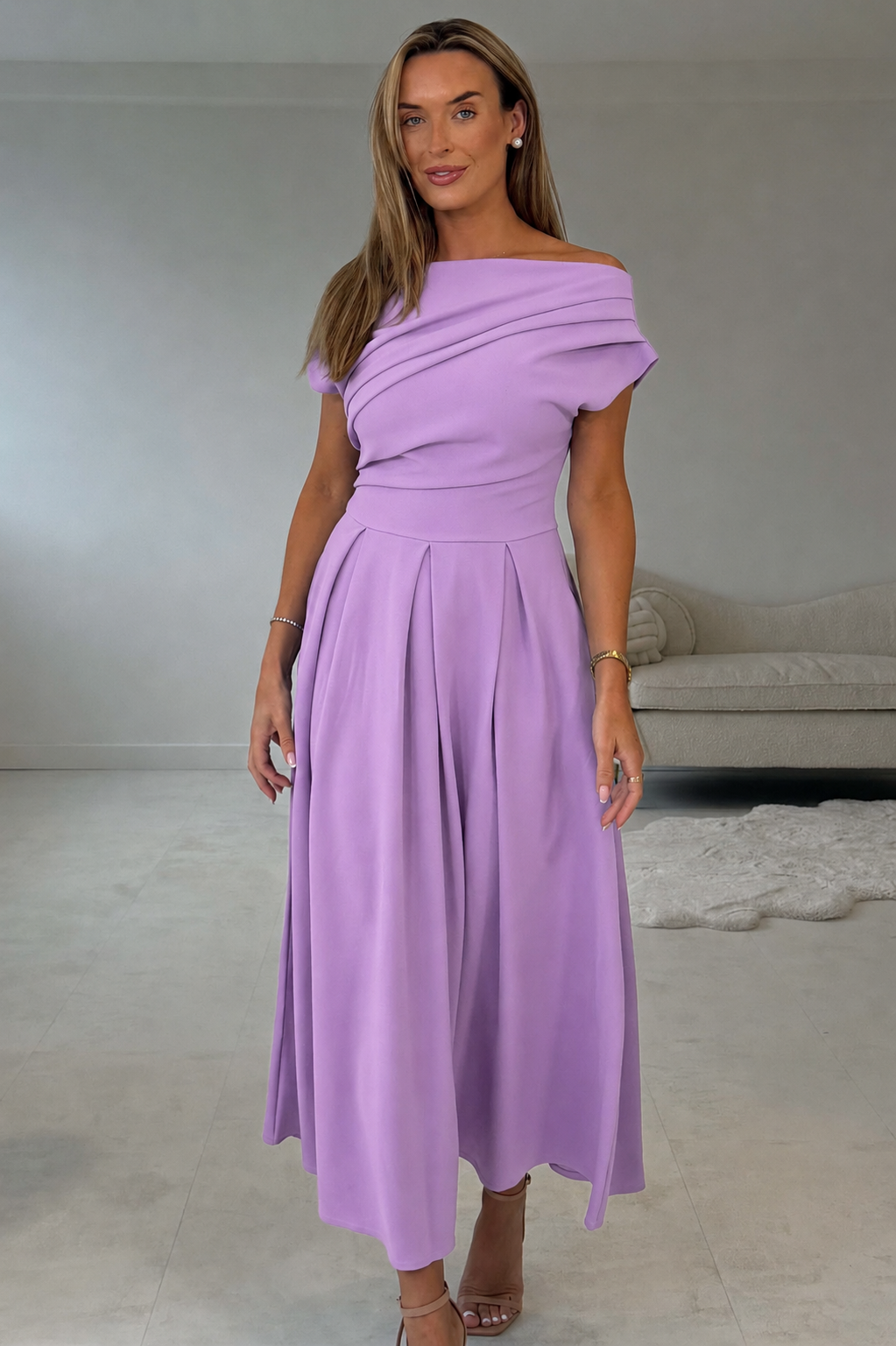 Betty Asymmetric Neckline Skater Midi Dress Lavender