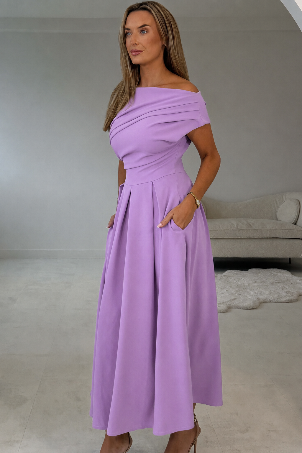 Betty Asymmetric Neckline Skater Midi Dress Lavender