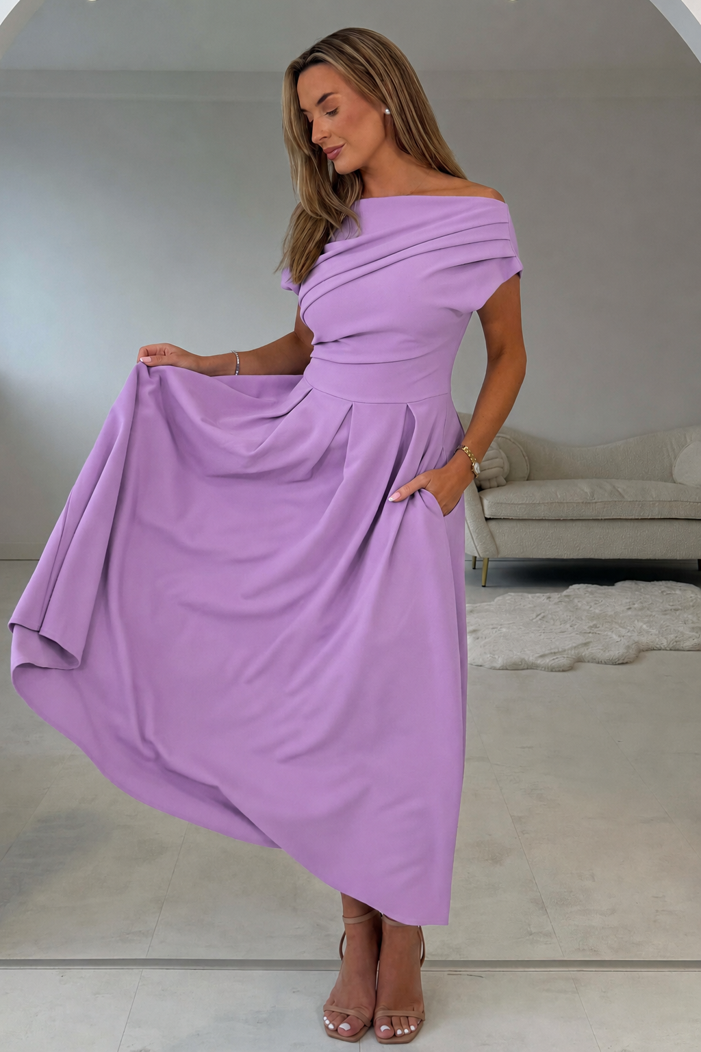 Betty Asymmetric Neckline Skater Midi Dress Lavender